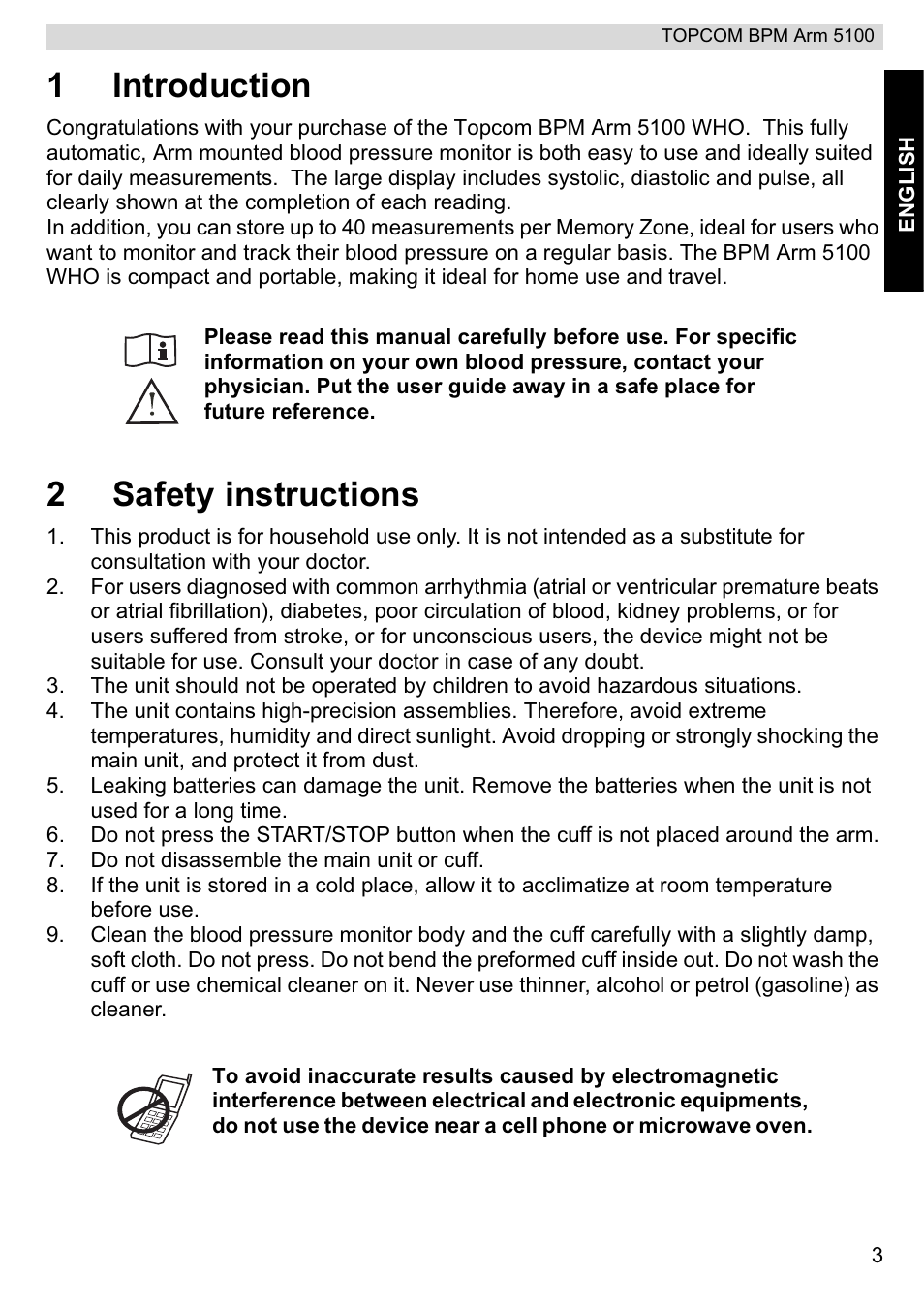 1introduction, 2safety instructions | Topcom BPM ARM 5100 WHO User Manual | Page 3 / 160