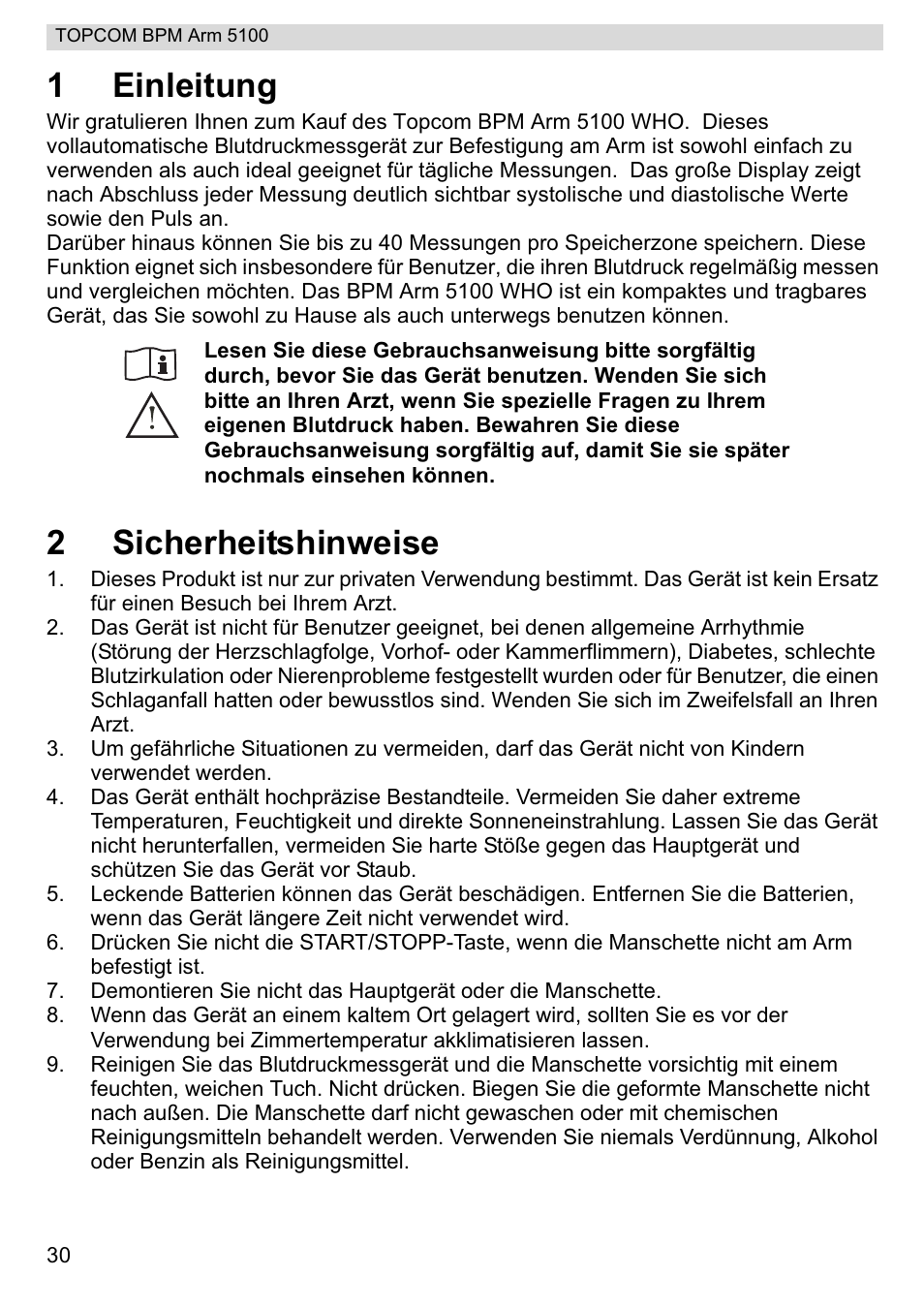 1einleitung, 2sicherheitshinweise | Topcom BPM ARM 5100 WHO User Manual | Page 30 / 160