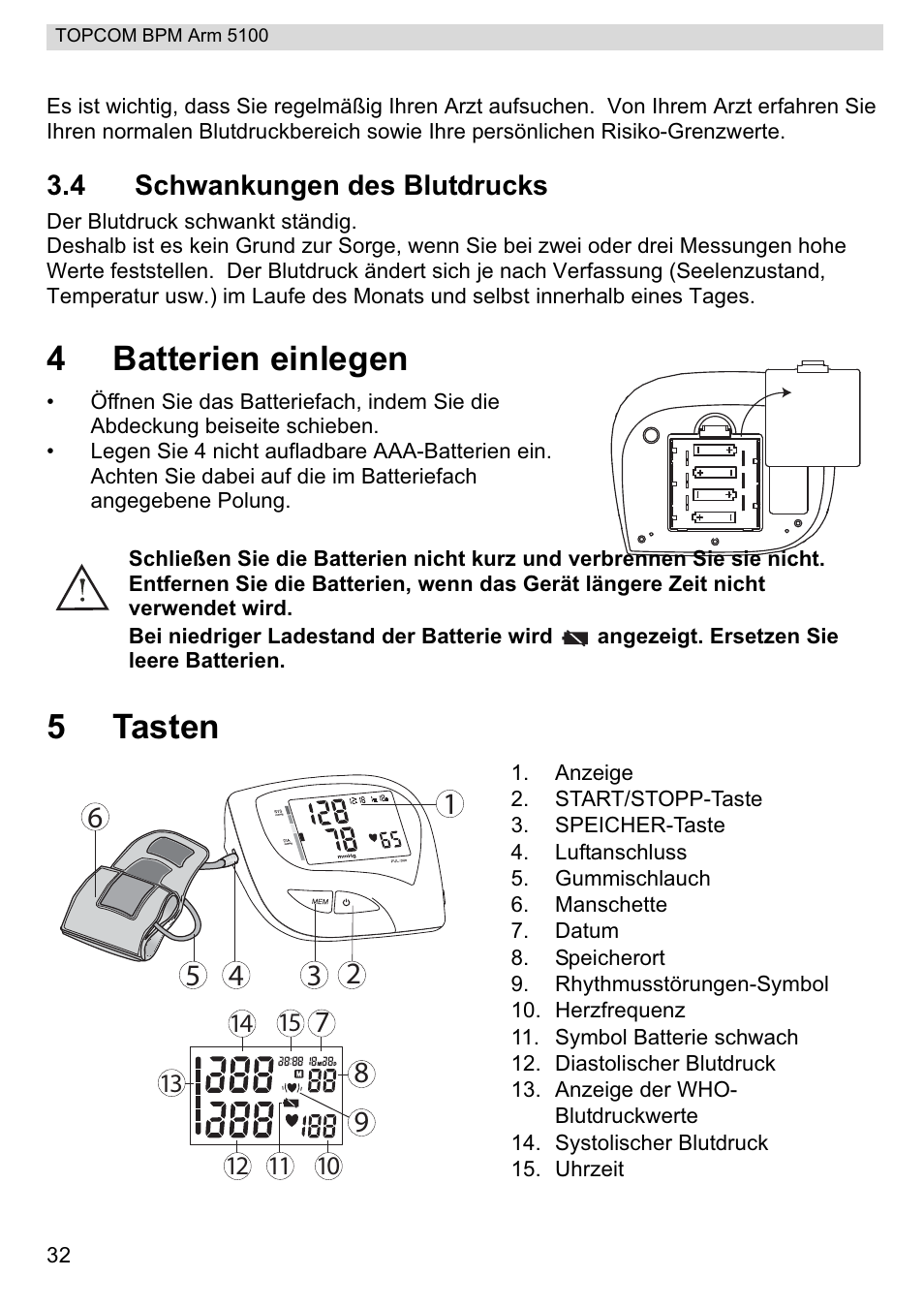 4batterien einlegen, 5tasten | Topcom BPM ARM 5100 WHO User Manual | Page 32 / 160