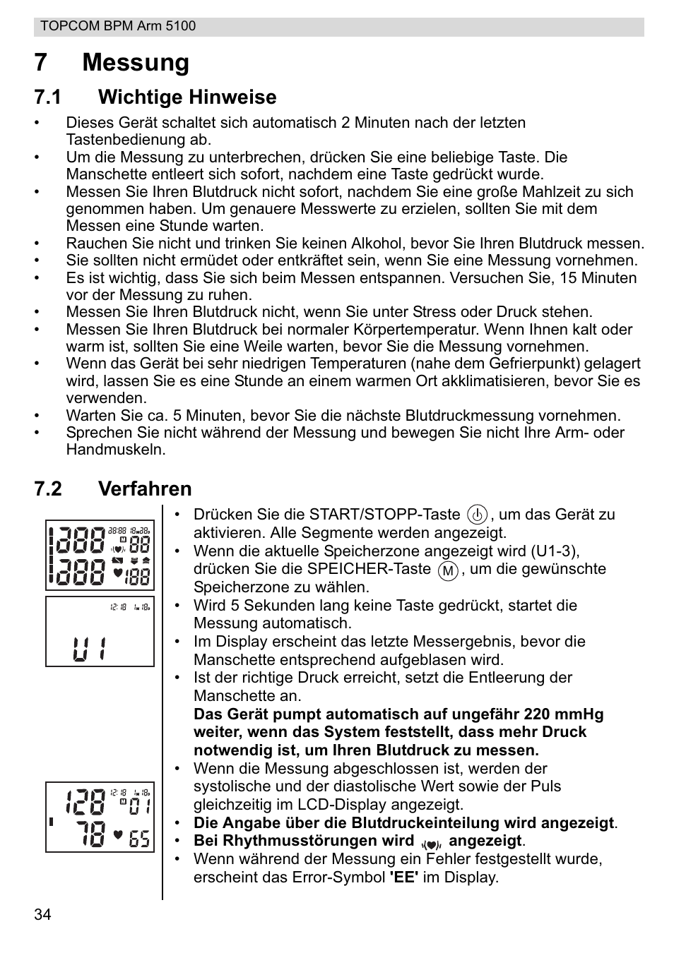 7messung, 1 wichtige hinweise, 2 verfahren | Topcom BPM ARM 5100 WHO User Manual | Page 34 / 160