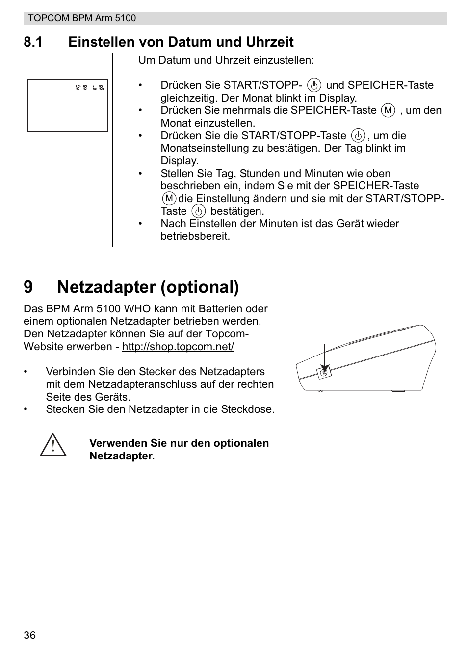 9netzadapter (optional), 1 einstellen von datum und uhrzeit | Topcom BPM ARM 5100 WHO User Manual | Page 36 / 160