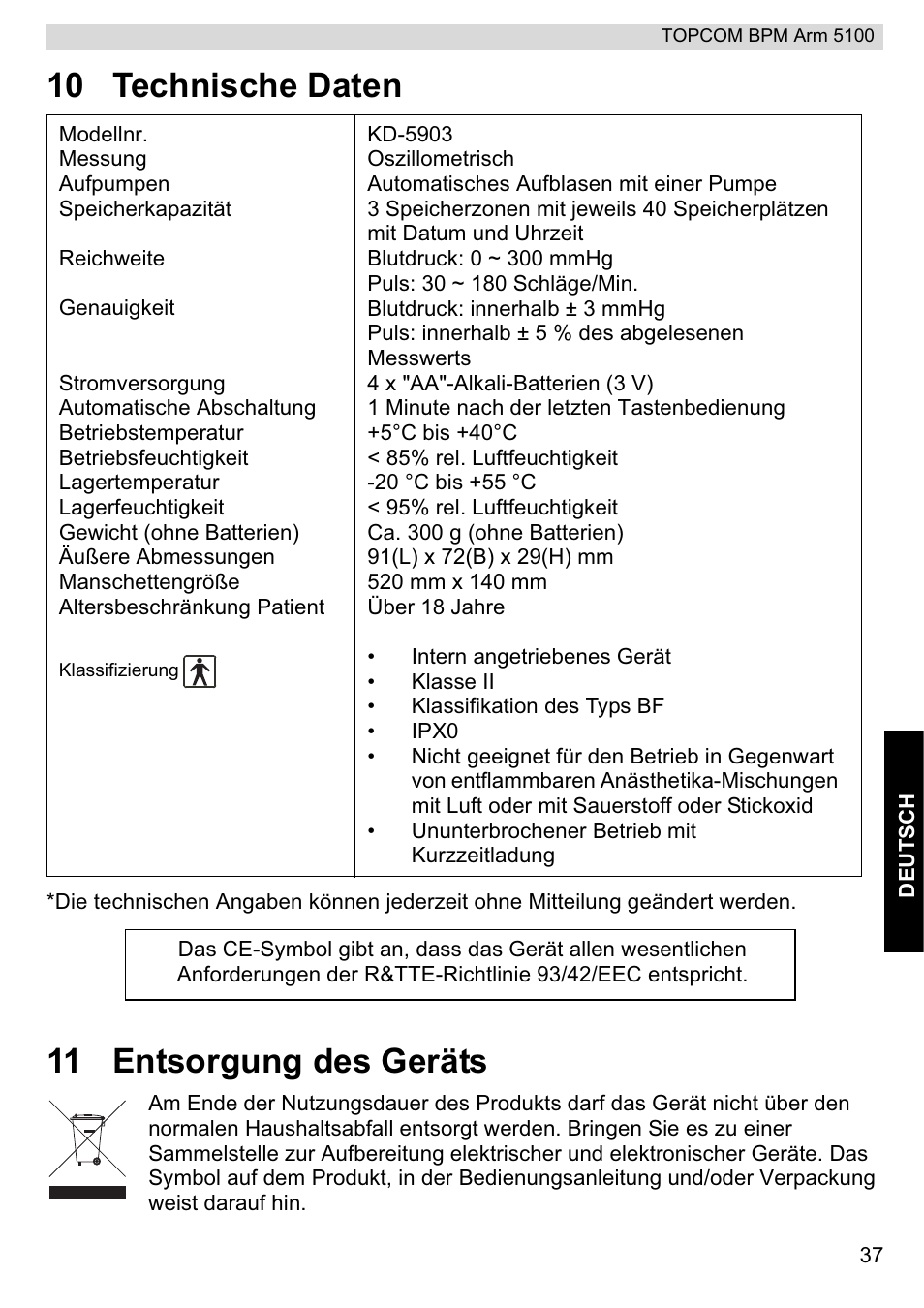 10 technische daten, 11 entsorgung des geräts | Topcom BPM ARM 5100 WHO User Manual | Page 37 / 160