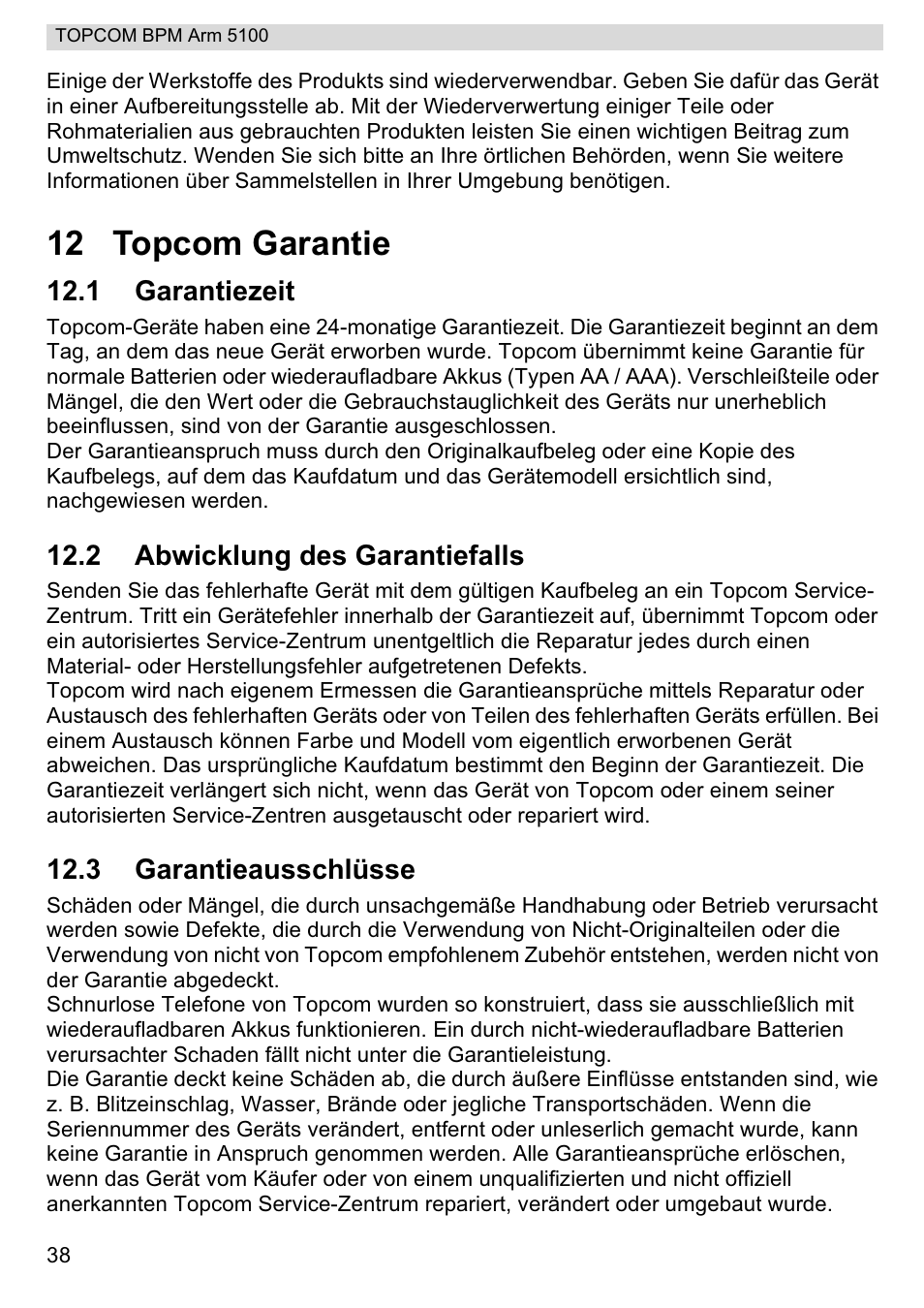 12 topcom garantie | Topcom BPM ARM 5100 WHO User Manual | Page 38 / 160