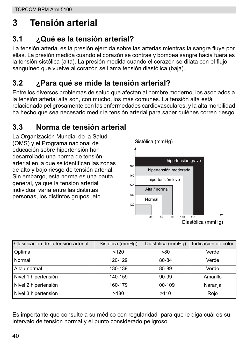 3tensión arterial, 1 ¿qué es la tensión arterial, 2 ¿para qué se mide la tensión arterial | 3 norma de tensión arterial | Topcom BPM ARM 5100 WHO User Manual | Page 40 / 160