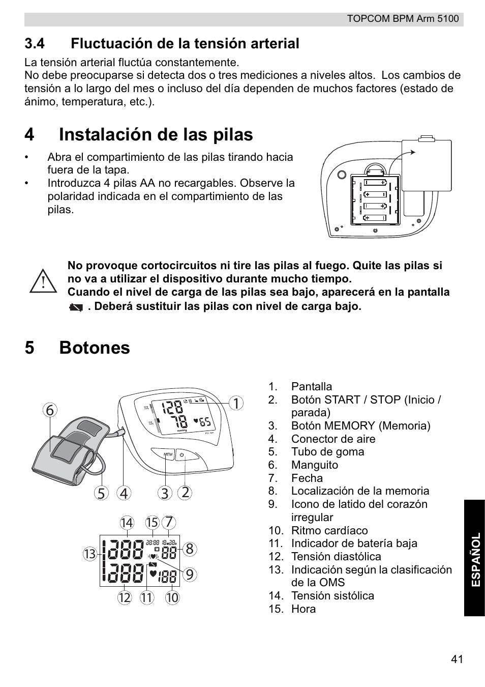 4instalación de las pilas, 5botones | Topcom BPM ARM 5100 WHO User Manual | Page 41 / 160