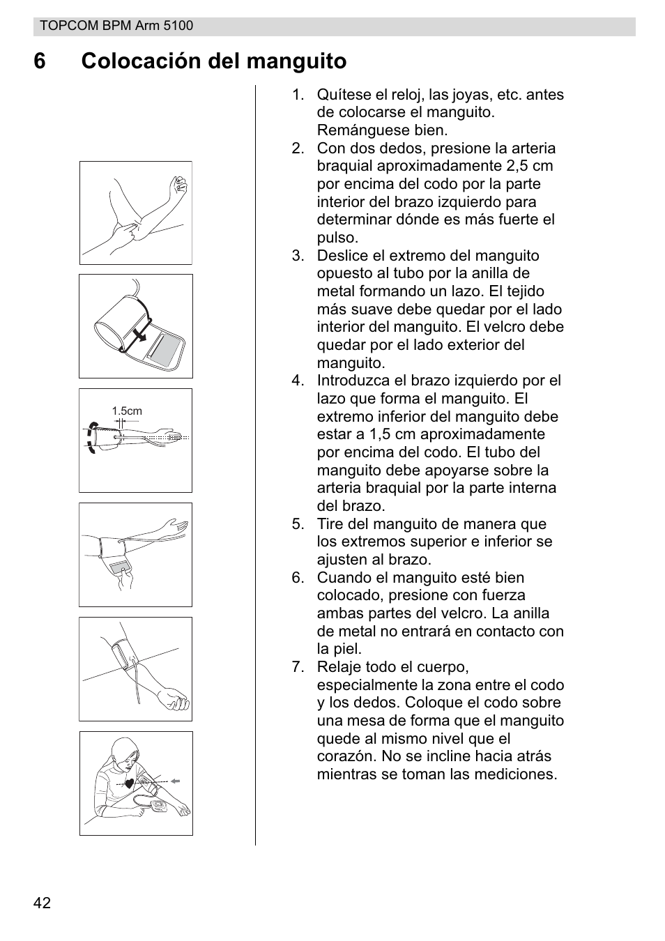 6colocación del manguito | Topcom BPM ARM 5100 WHO User Manual | Page 42 / 160