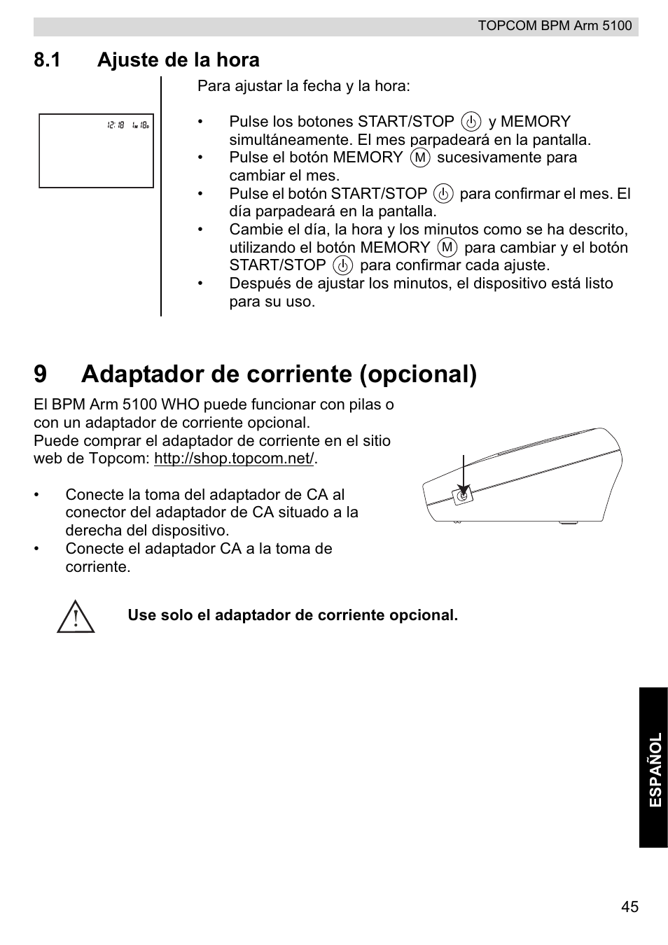 9adaptador de corriente (opcional), 1 ajuste de la hora | Topcom BPM ARM 5100 WHO User Manual | Page 45 / 160