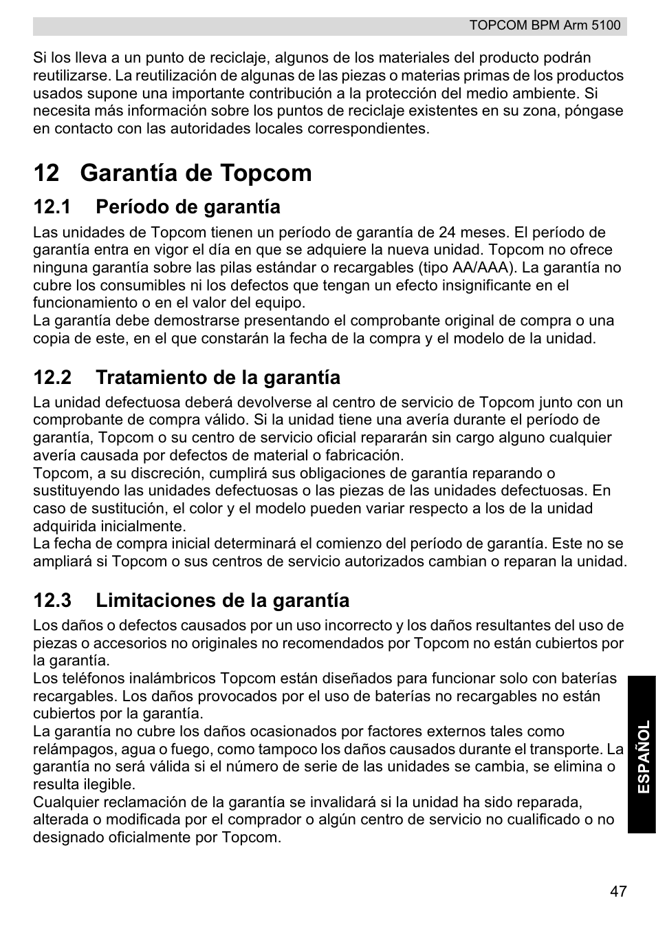 12 garantía de topcom | Topcom BPM ARM 5100 WHO User Manual | Page 47 / 160