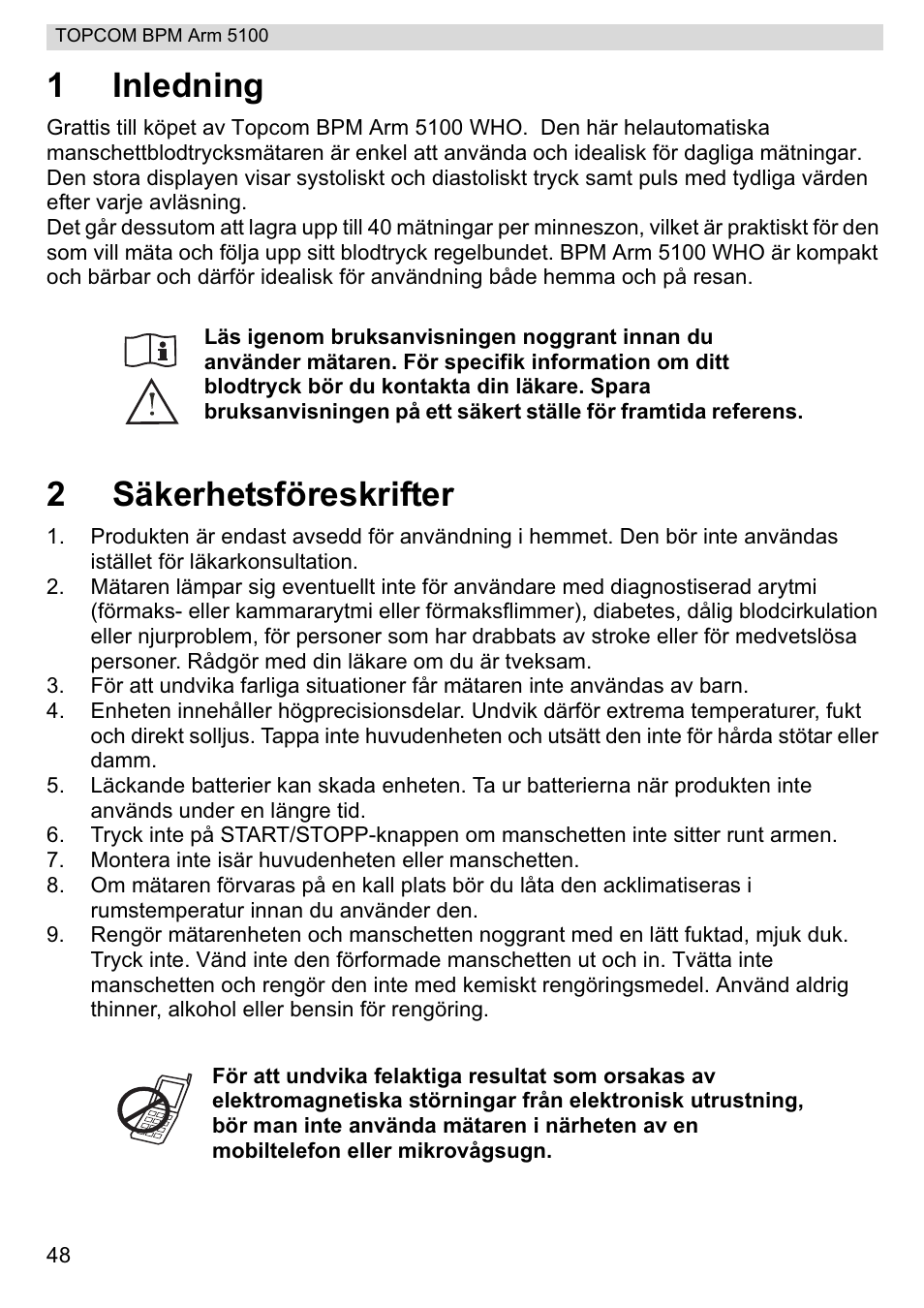 1inledning, 2säkerhetsföreskrifter | Topcom BPM ARM 5100 WHO User Manual | Page 48 / 160