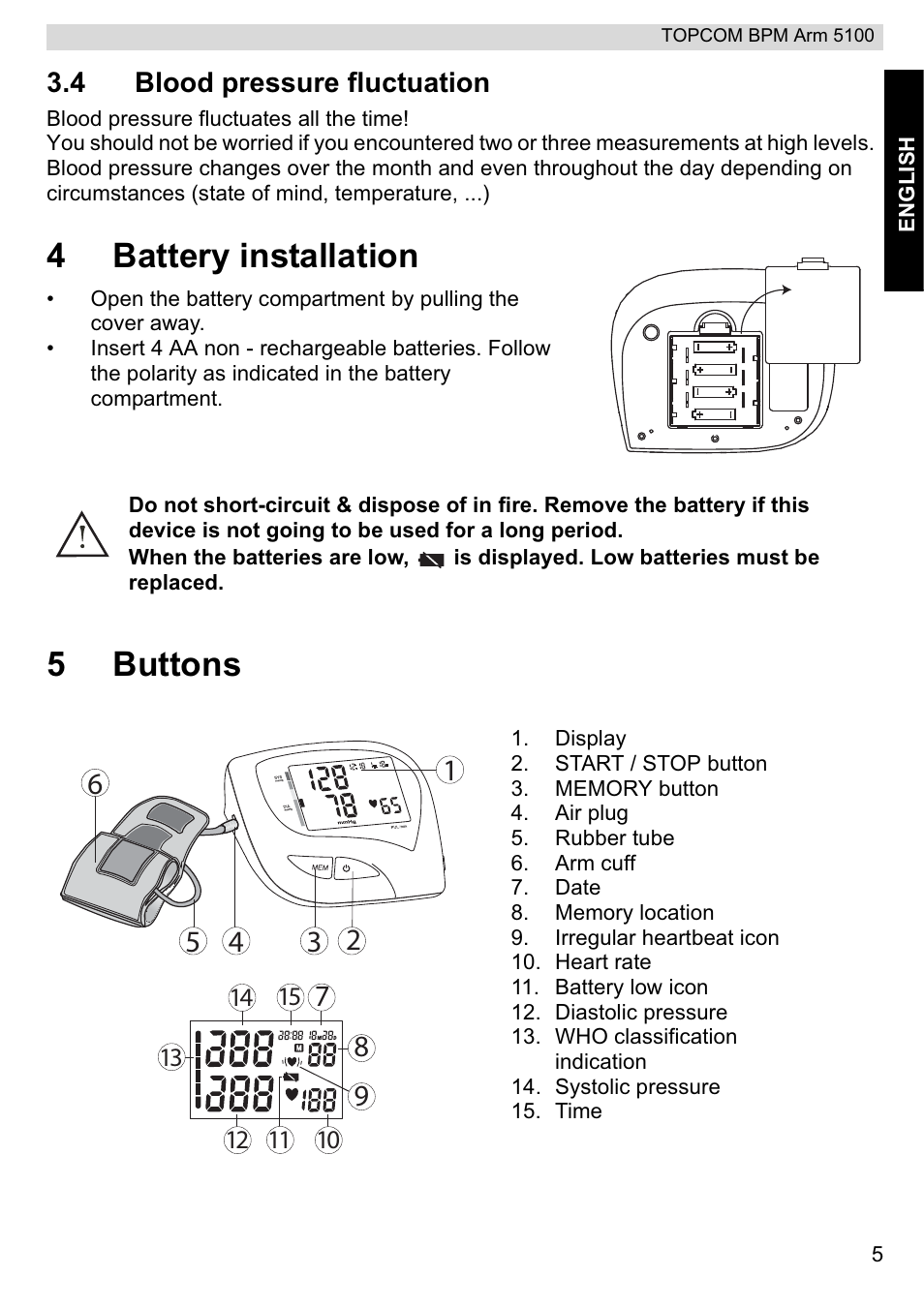 4battery installation, 5buttons | Topcom BPM ARM 5100 WHO User Manual | Page 5 / 160