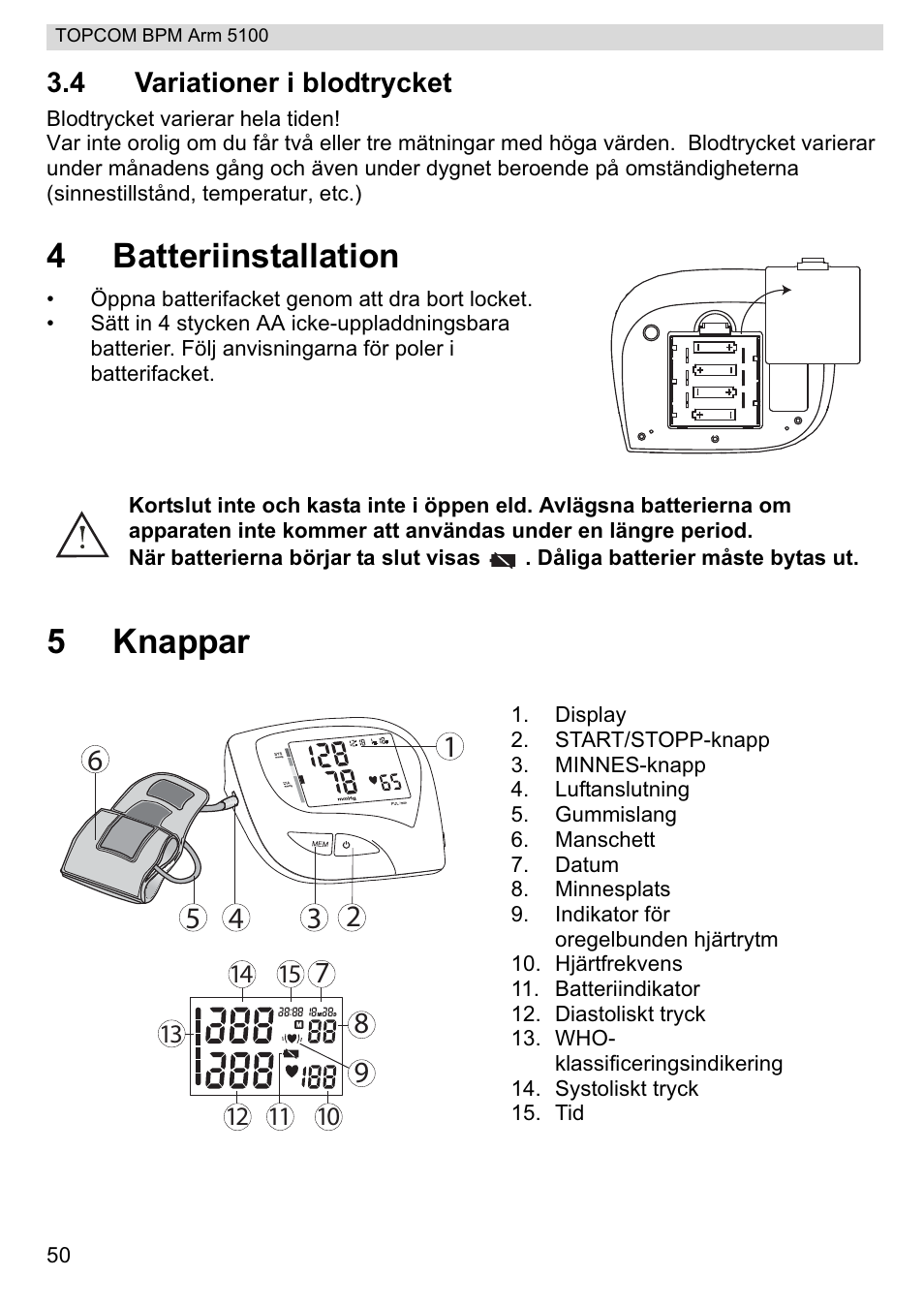 4batteriinstallation, 5knappar | Topcom BPM ARM 5100 WHO User Manual | Page 50 / 160