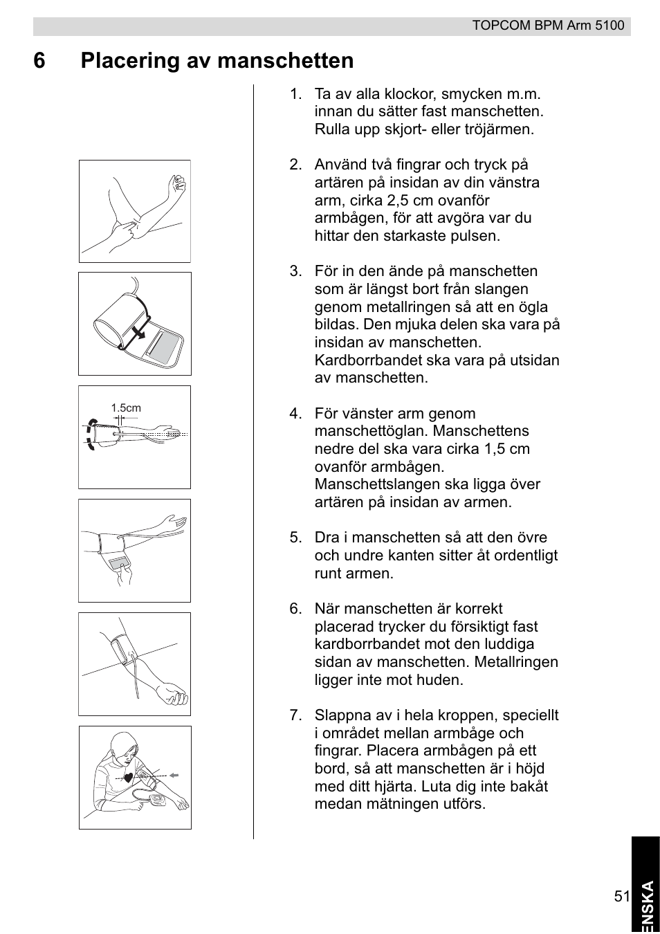 6placering av manschetten | Topcom BPM ARM 5100 WHO User Manual | Page 51 / 160