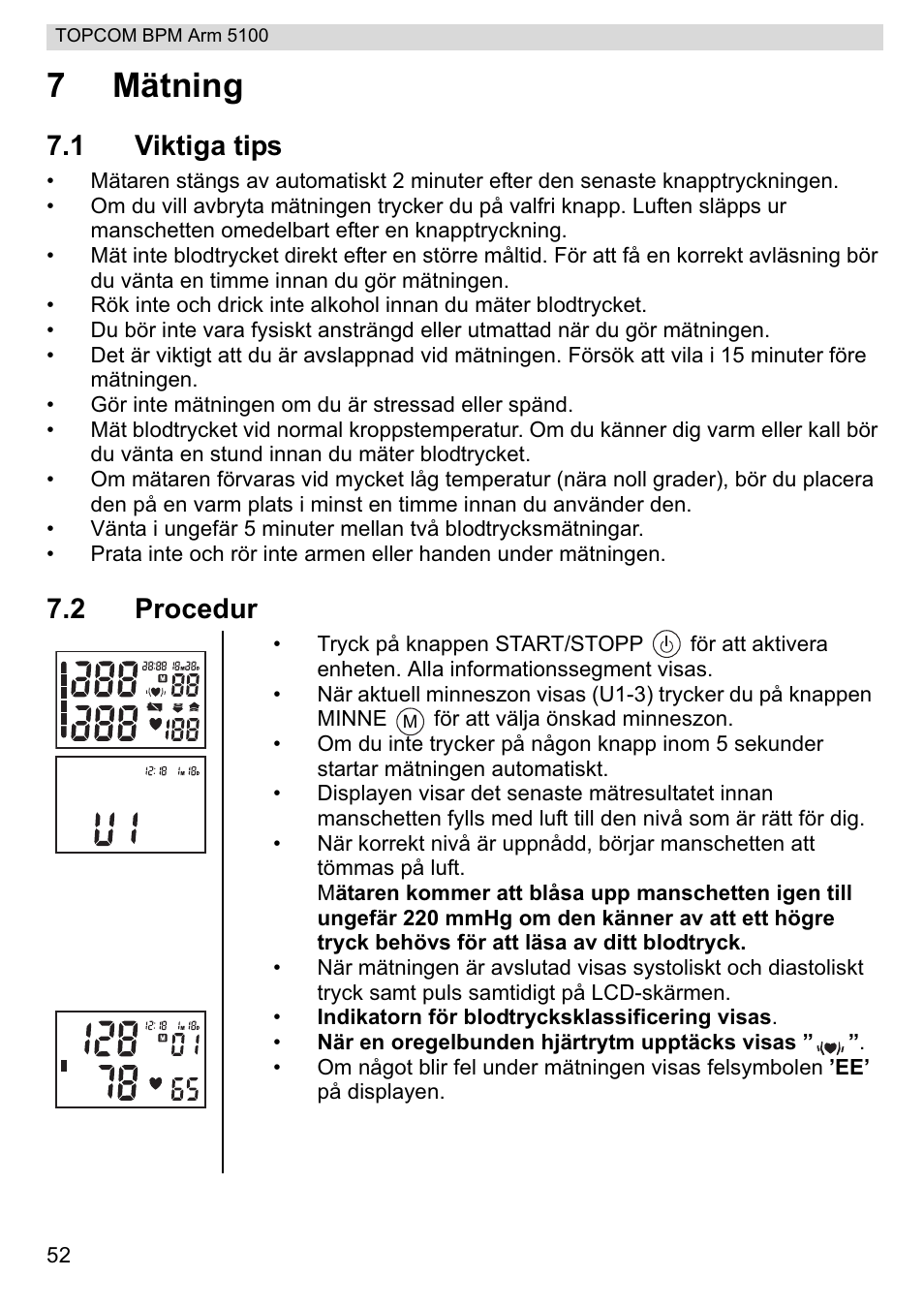 7mätning, 1 viktiga tips, 2 procedur | Topcom BPM ARM 5100 WHO User Manual | Page 52 / 160