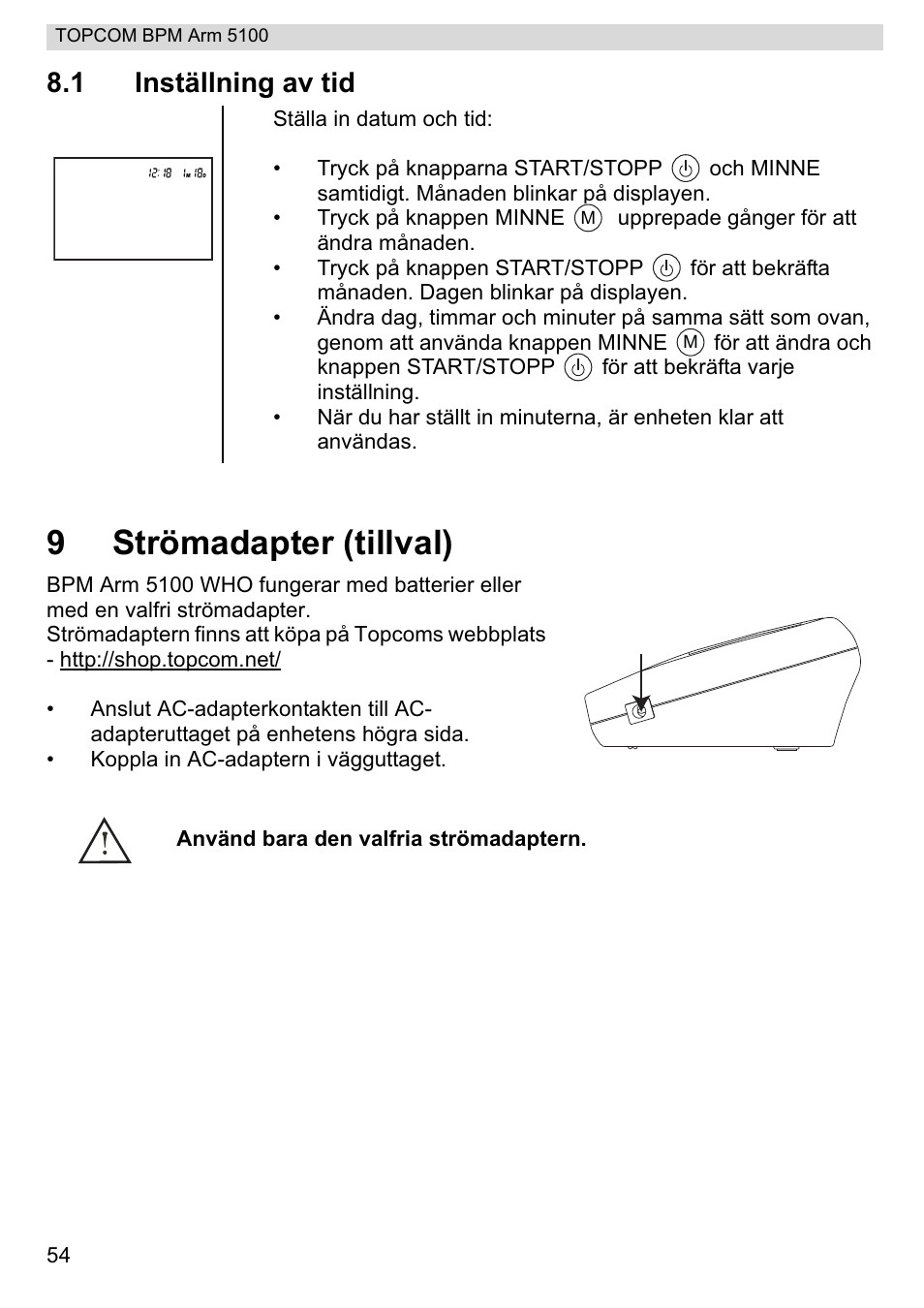 9strömadapter (tillval), 1 inställning av tid | Topcom BPM ARM 5100 WHO User Manual | Page 54 / 160