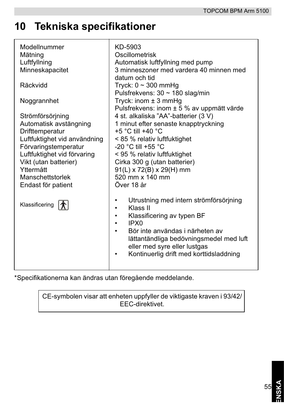 10 tekniska specifikationer | Topcom BPM ARM 5100 WHO User Manual | Page 55 / 160