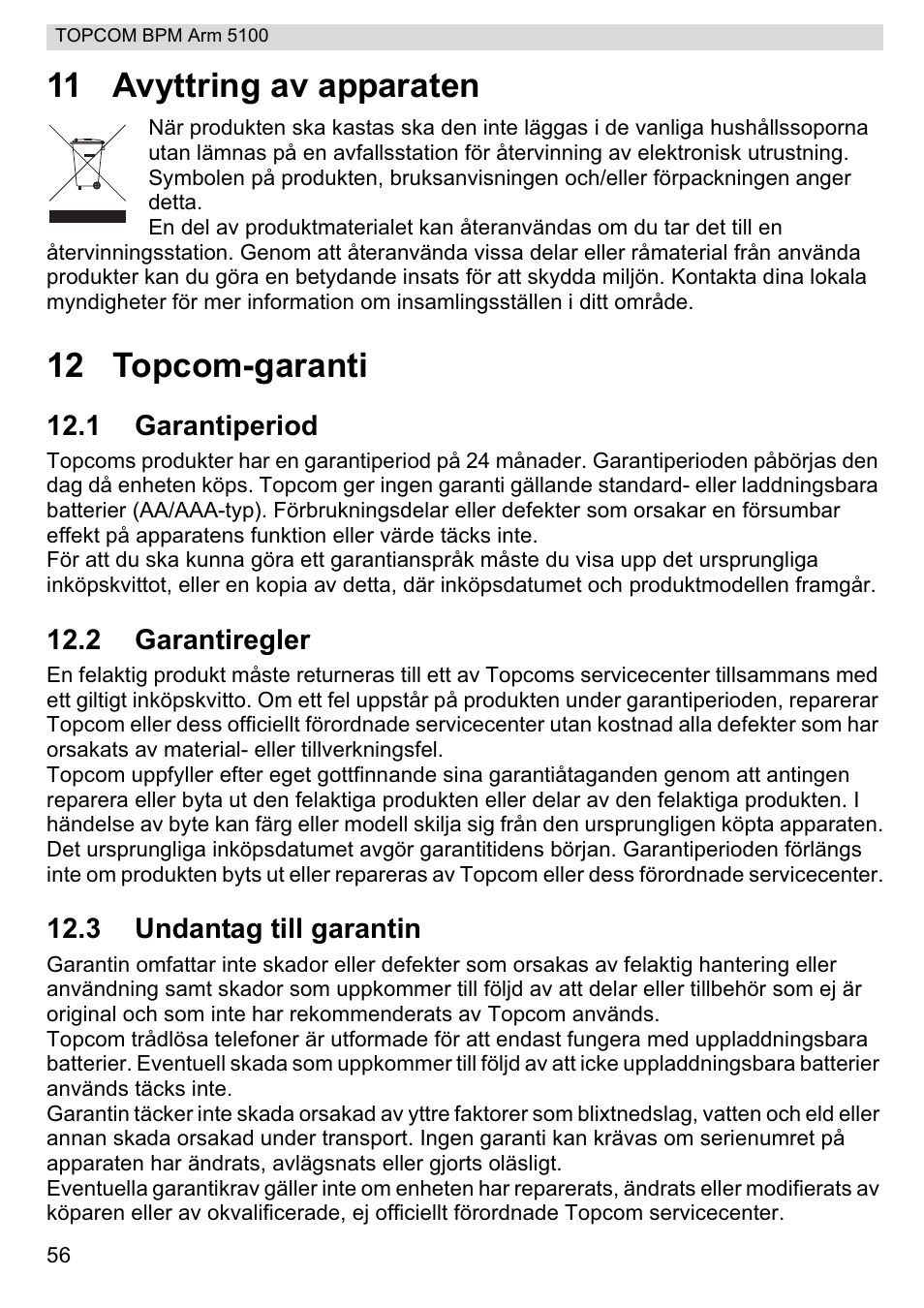 11 avyttring av apparaten, 12 topcom-garanti | Topcom BPM ARM 5100 WHO User Manual | Page 56 / 160