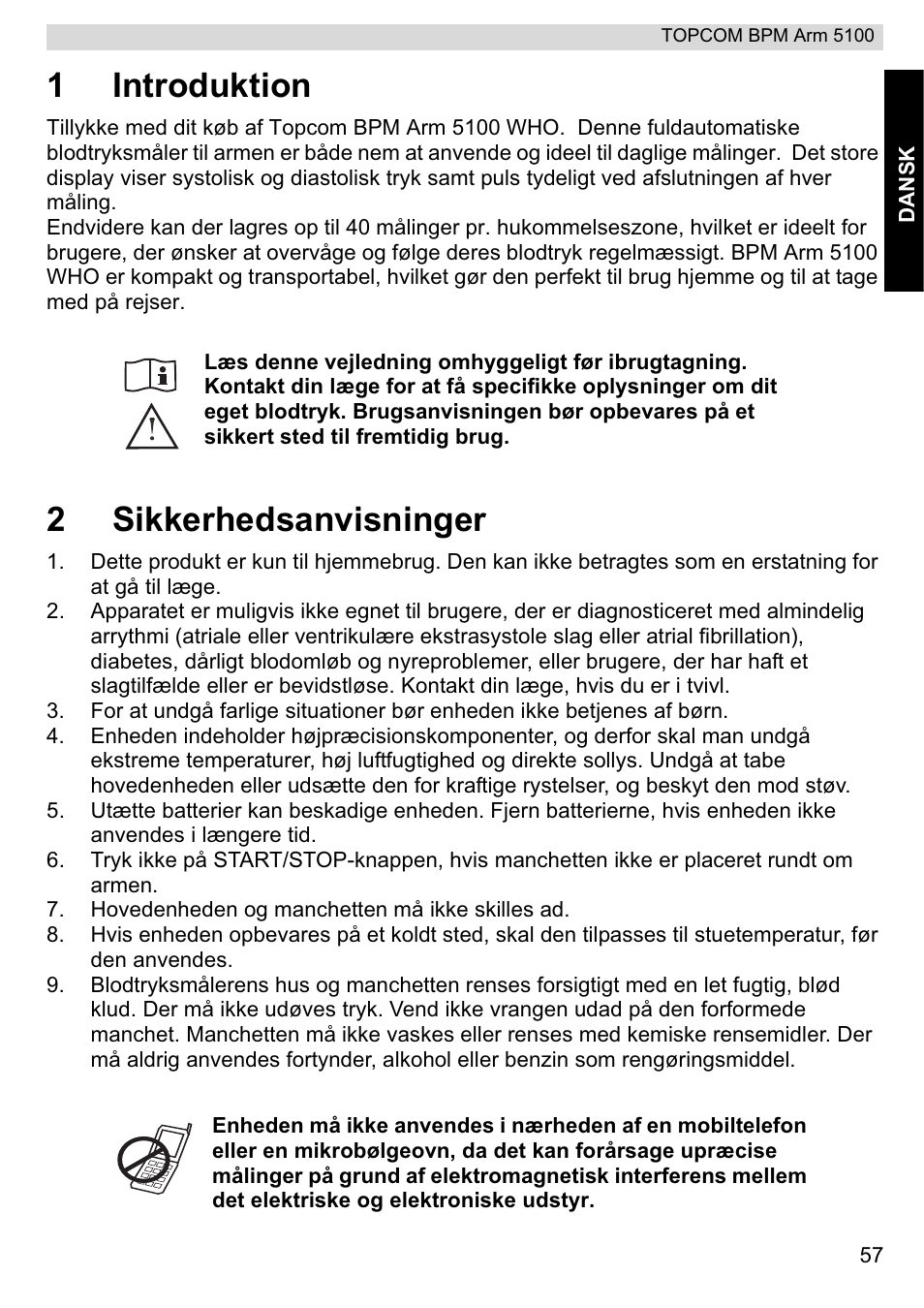 1introduktion, 2sikkerhedsanvisninger | Topcom BPM ARM 5100 WHO User Manual | Page 57 / 160