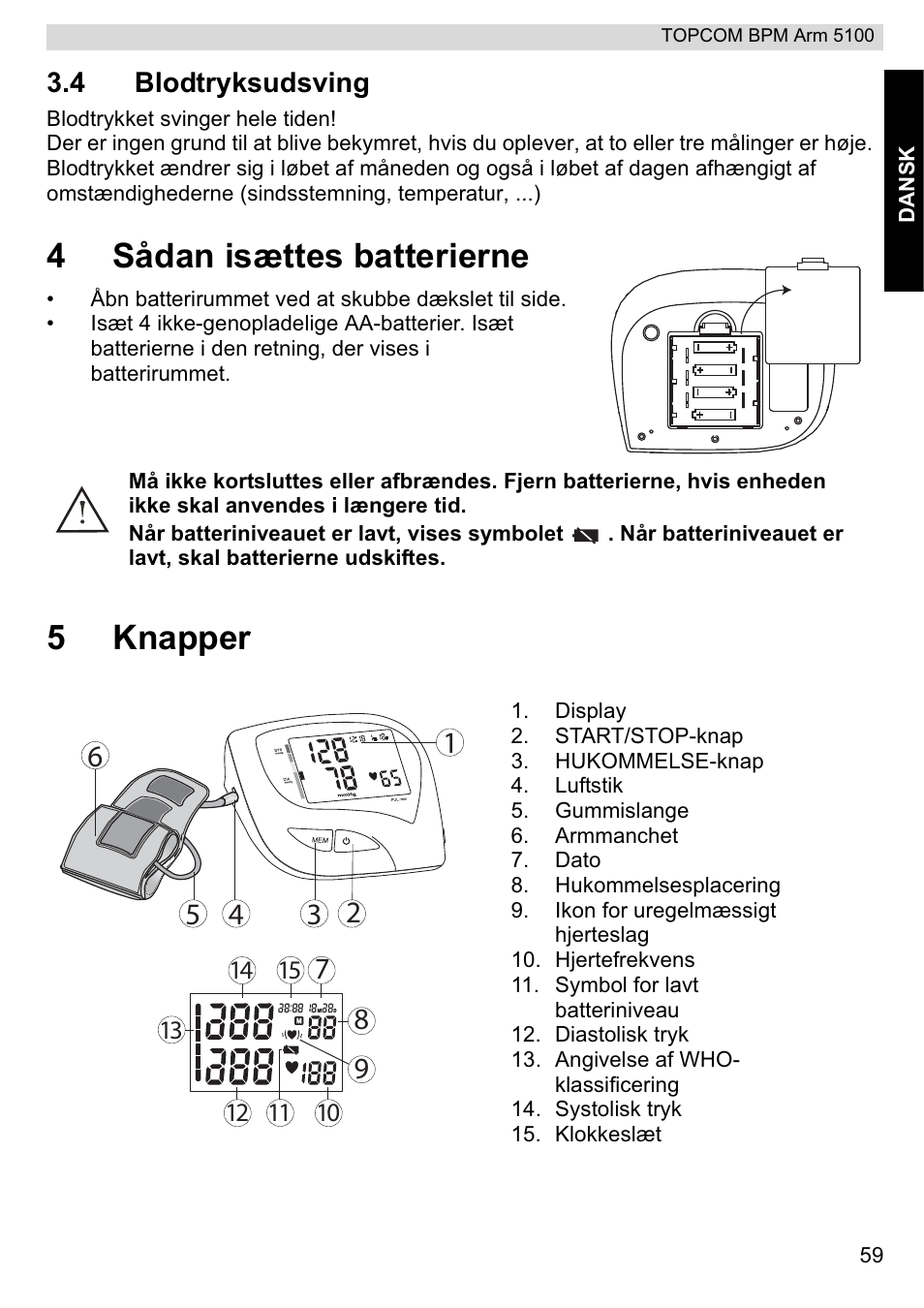 4sådan isættes batterierne, 5knapper | Topcom BPM ARM 5100 WHO User Manual | Page 59 / 160