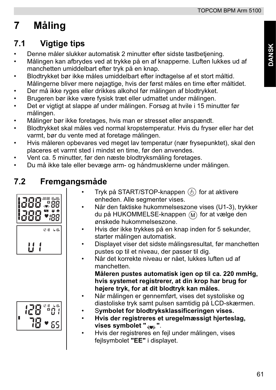 7måling, 1 vigtige tips, 2 fremgangsmåde | Topcom BPM ARM 5100 WHO User Manual | Page 61 / 160