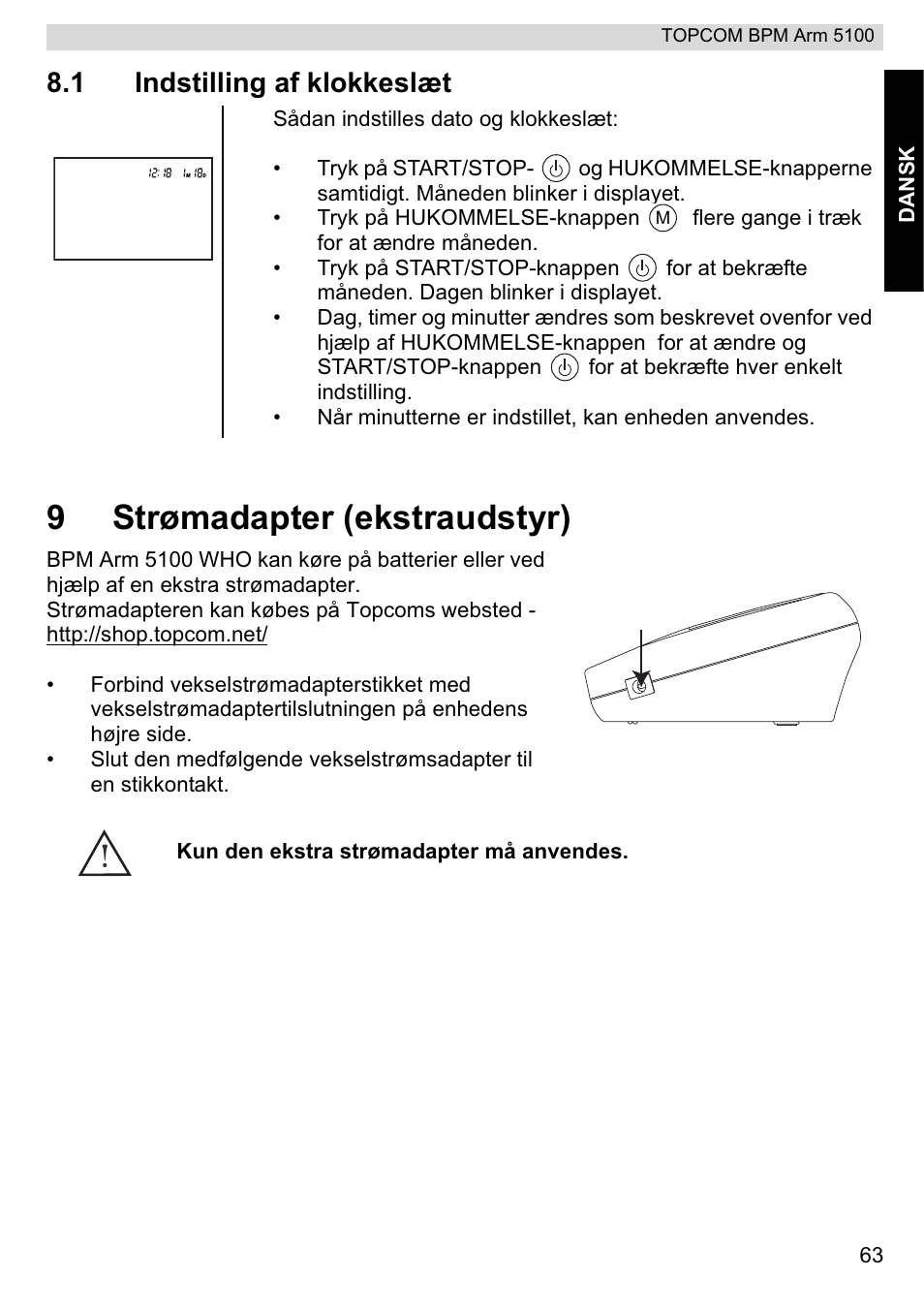 9strømadapter (ekstraudstyr), 1 indstilling af klokkeslæt | Topcom BPM ARM 5100 WHO User Manual | Page 63 / 160