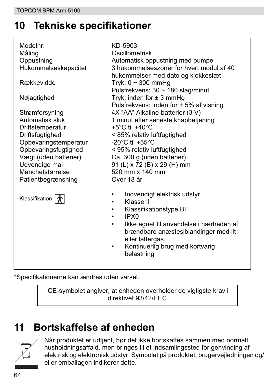 10 tekniske specifikationer, 11 bortskaffelse af enheden | Topcom BPM ARM 5100 WHO User Manual | Page 64 / 160