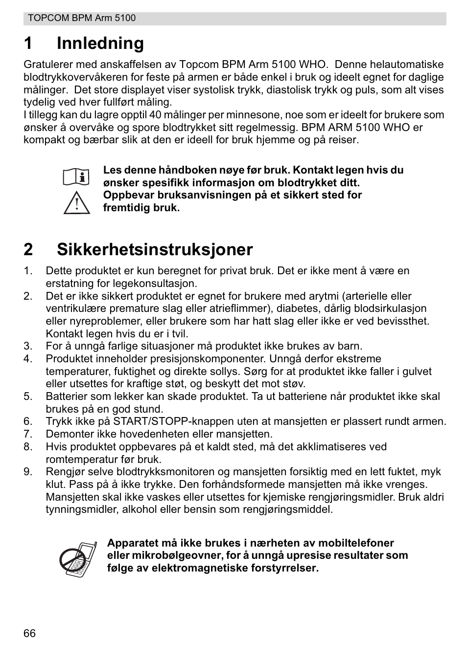 1innledning, 2sikkerhetsinstruksjoner | Topcom BPM ARM 5100 WHO User Manual | Page 66 / 160