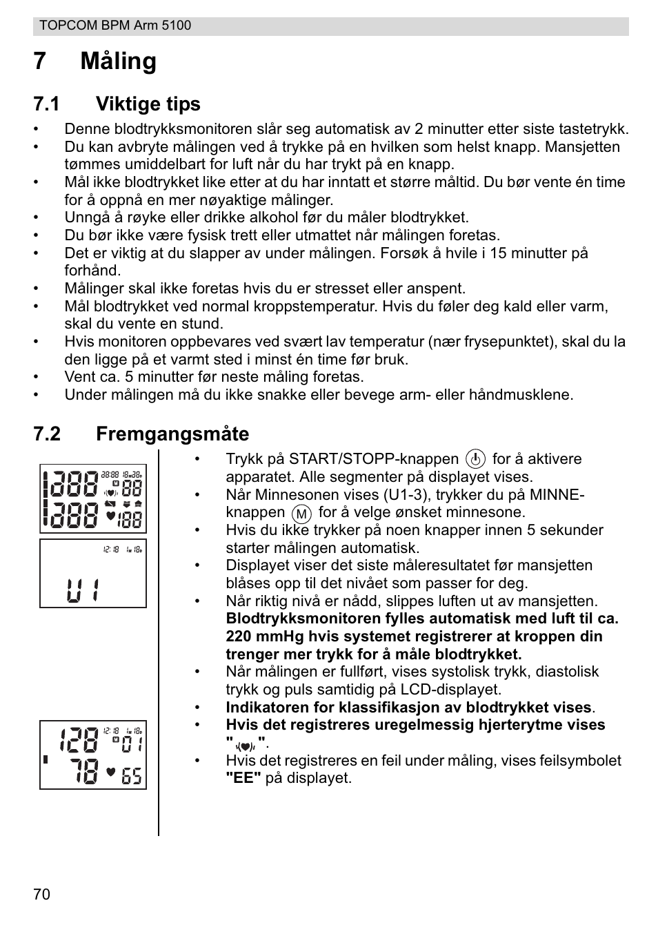 7måling, 1 viktige tips, 2 fremgangsmåte | Topcom BPM ARM 5100 WHO User Manual | Page 70 / 160