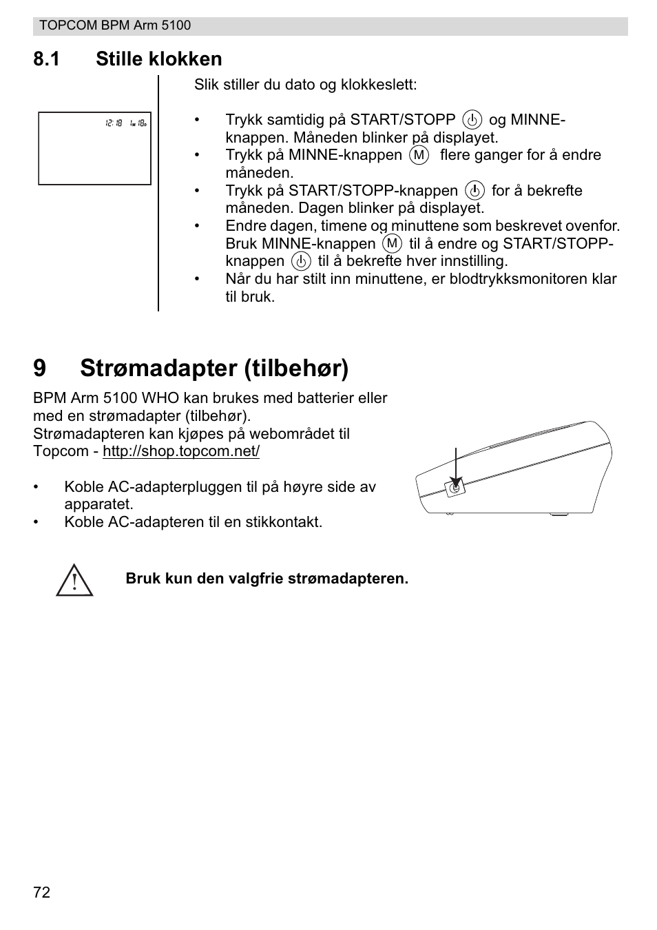 9strømadapter (tilbehør), 1 stille klokken | Topcom BPM ARM 5100 WHO User Manual | Page 72 / 160