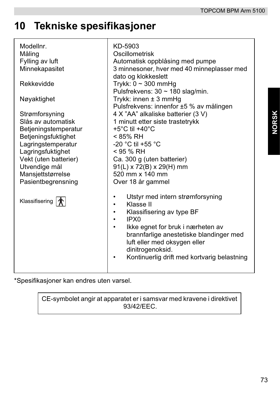 10 tekniske spesifikasjoner | Topcom BPM ARM 5100 WHO User Manual | Page 73 / 160