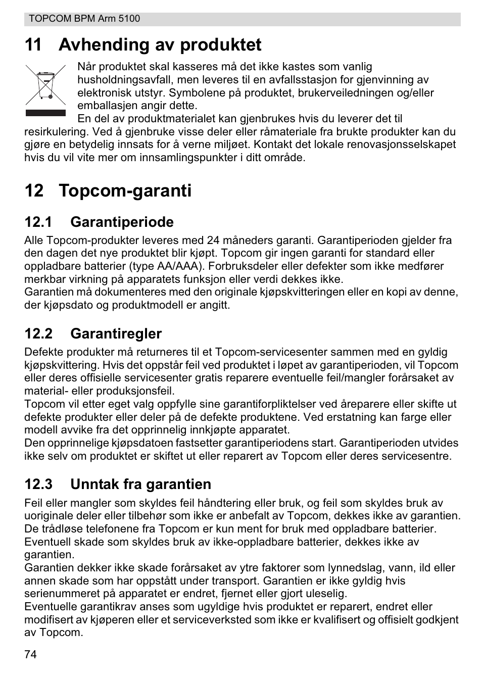 11 avhending av produktet, 12 topcom-garanti | Topcom BPM ARM 5100 WHO User Manual | Page 74 / 160