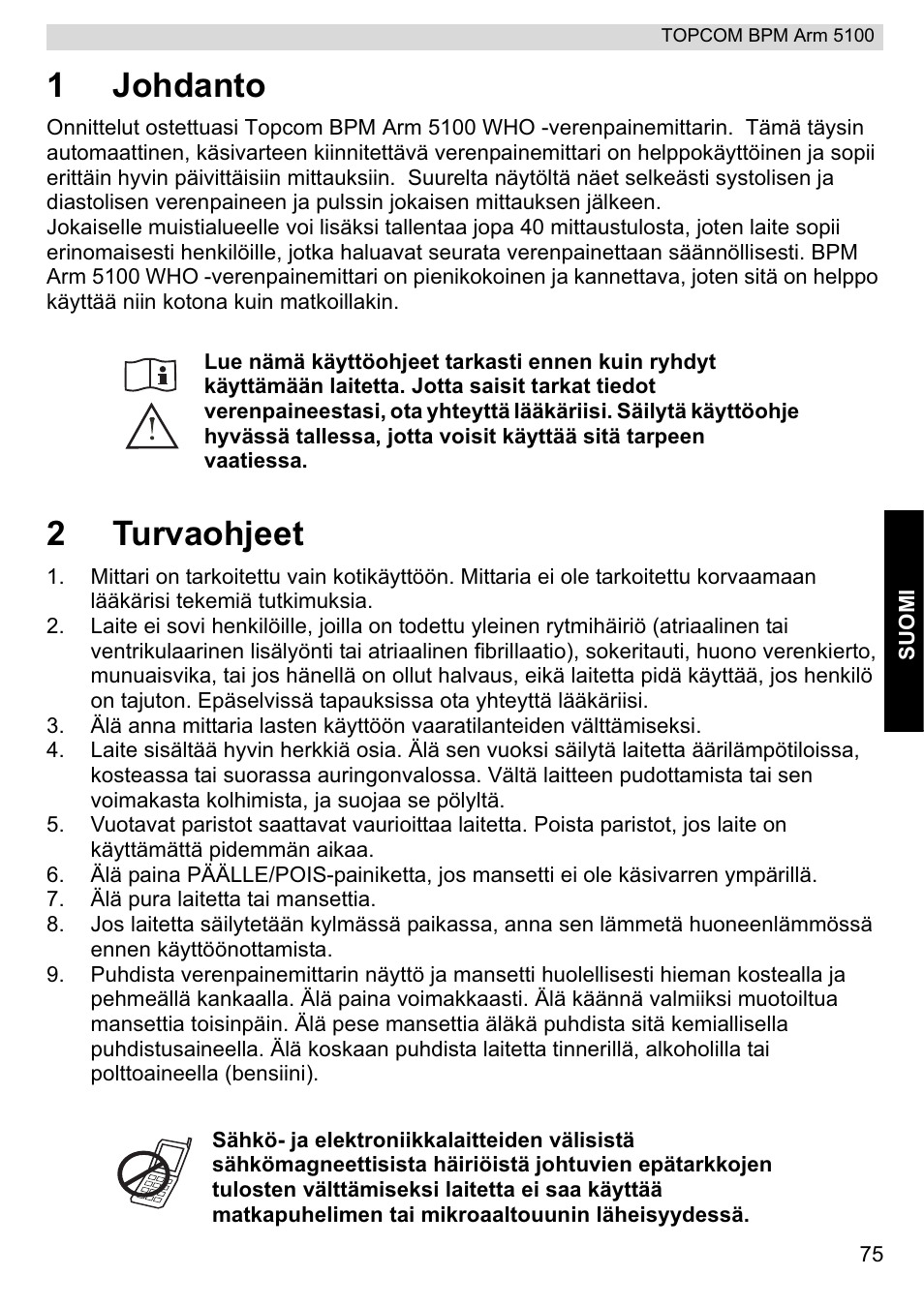 1johdanto, 2turvaohjeet | Topcom BPM ARM 5100 WHO User Manual | Page 75 / 160