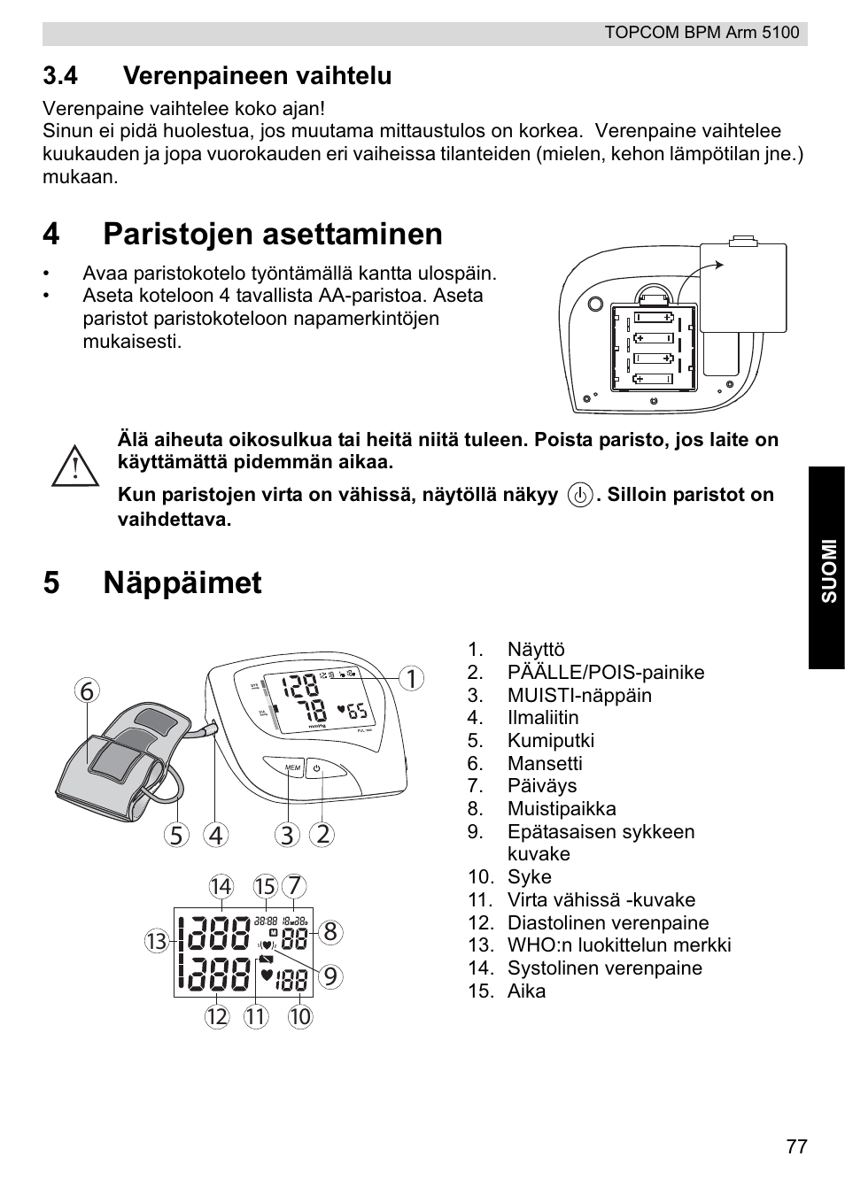 4paristojen asettaminen, 5näppäimet | Topcom BPM ARM 5100 WHO User Manual | Page 77 / 160