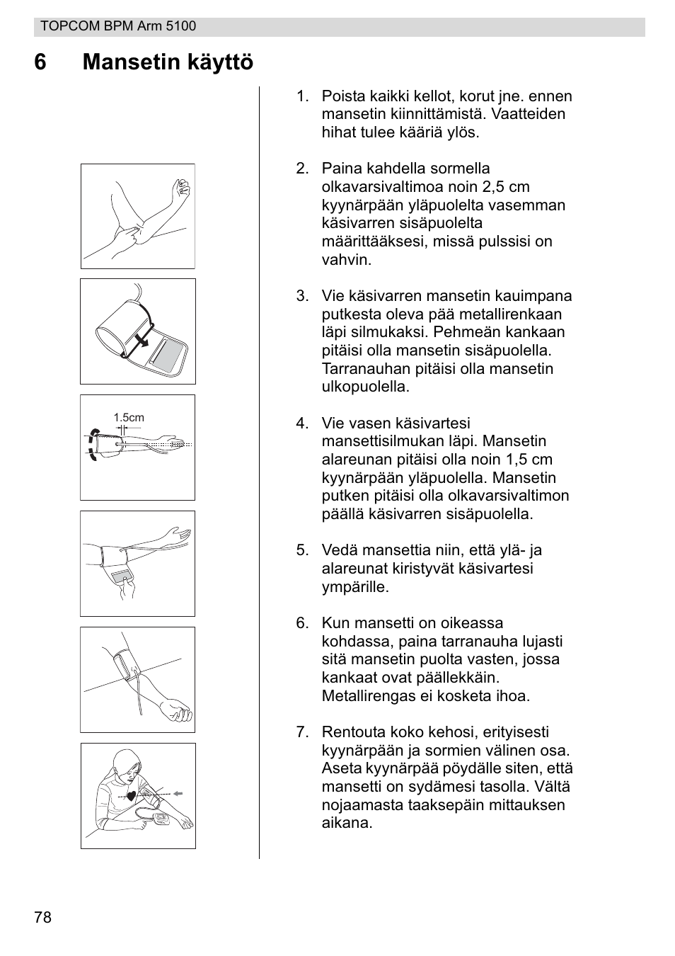 6mansetin käyttö | Topcom BPM ARM 5100 WHO User Manual | Page 78 / 160