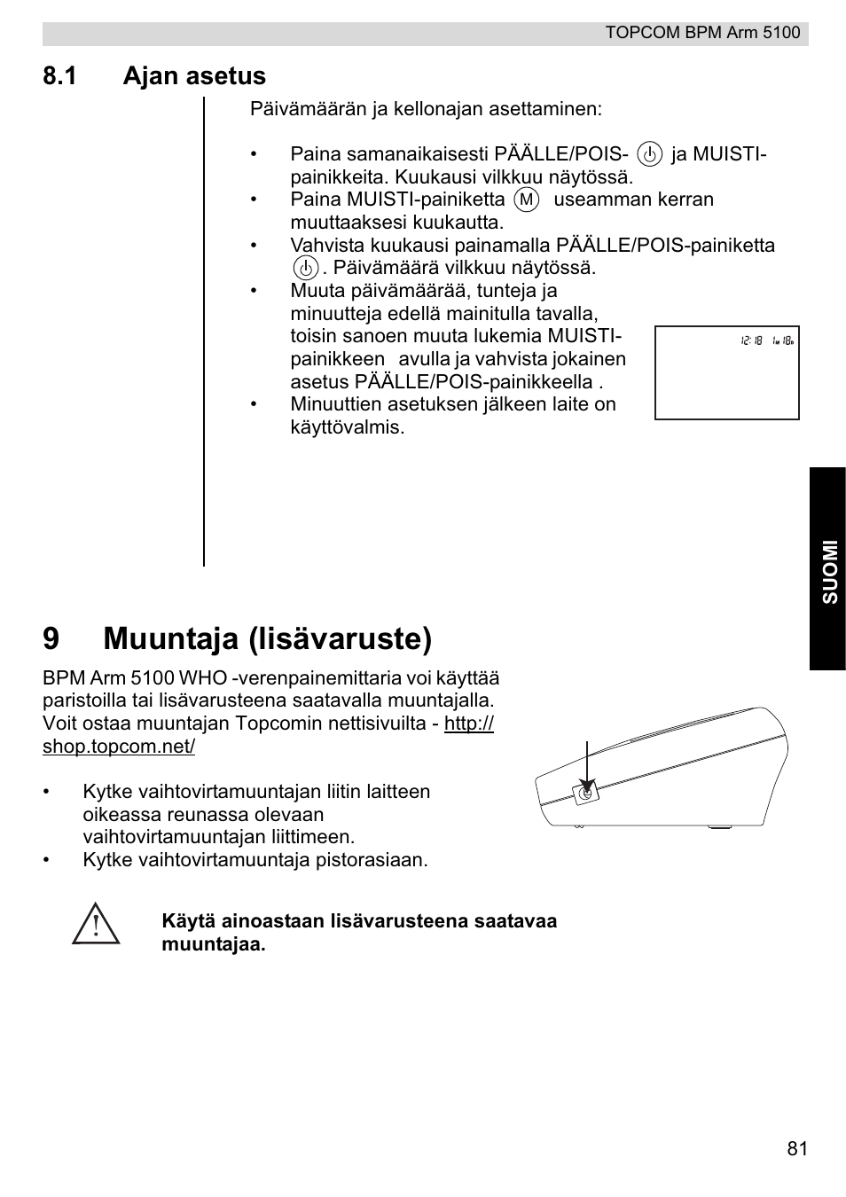 9muuntaja (lisävaruste), 1 ajan asetus | Topcom BPM ARM 5100 WHO User Manual | Page 81 / 160