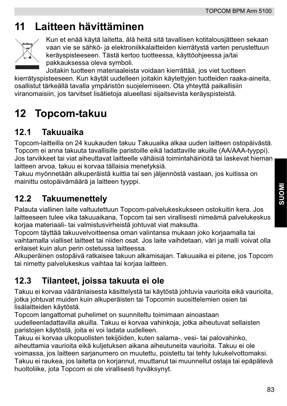 11 laitteen hävittäminen, 12 topcom-takuu | Topcom BPM ARM 5100 WHO User Manual | Page 83 / 160