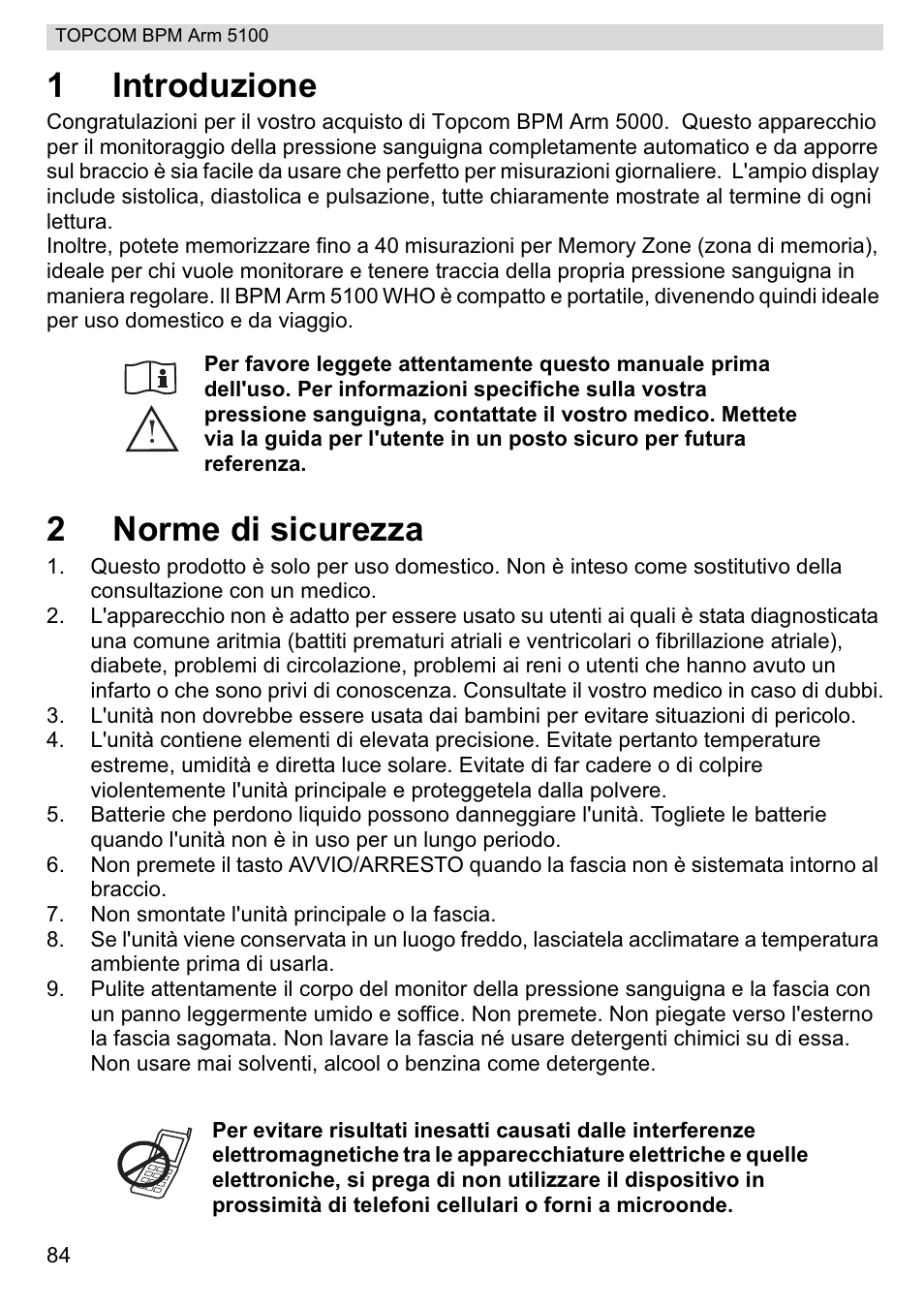 1introduzione, 2norme di sicurezza | Topcom BPM ARM 5100 WHO User Manual | Page 84 / 160