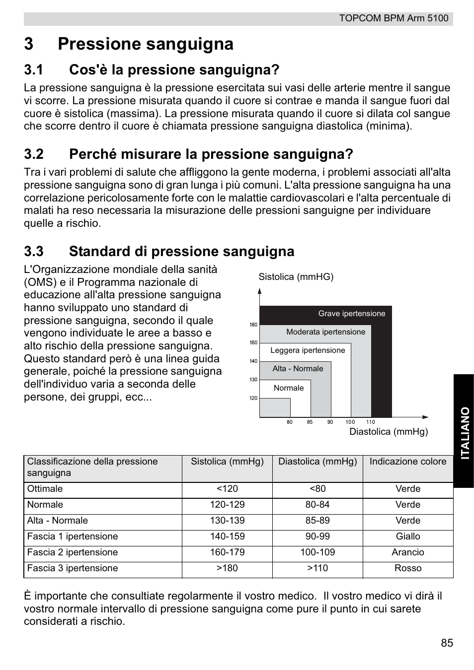 3pressione sanguigna, 1 cos'è la pressione sanguigna, 2 perché misurare la pressione sanguigna | 3 standard di pressione sanguigna | Topcom BPM ARM 5100 WHO User Manual | Page 85 / 160