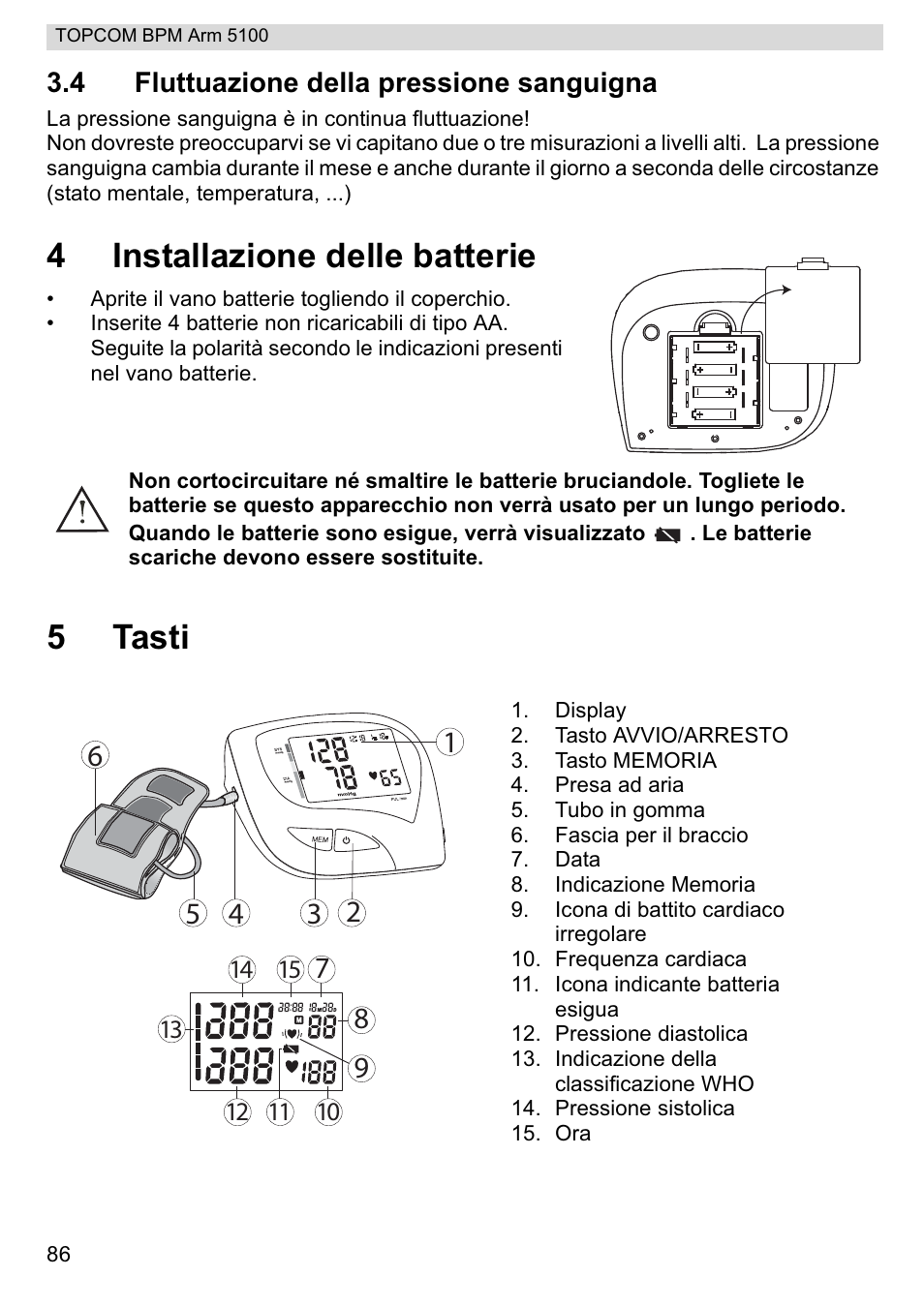 4installazione delle batterie, 5tasti | Topcom BPM ARM 5100 WHO User Manual | Page 86 / 160