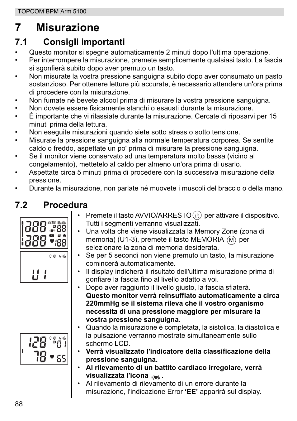 7misurazione, 1 consigli importanti, 2 procedura | Topcom BPM ARM 5100 WHO User Manual | Page 88 / 160