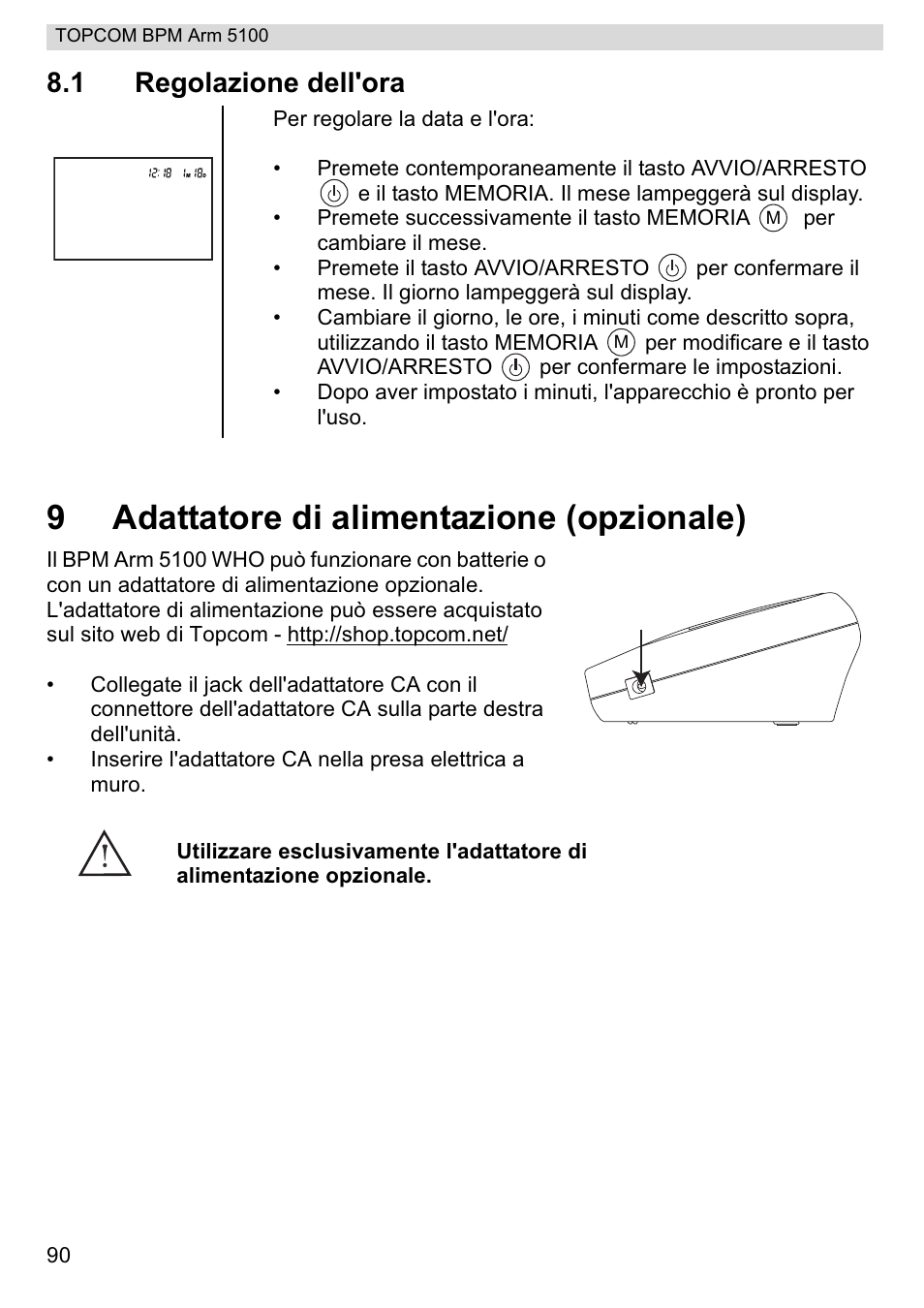 9adattatore di alimentazione (opzionale), 1 regolazione dell'ora | Topcom BPM ARM 5100 WHO User Manual | Page 90 / 160