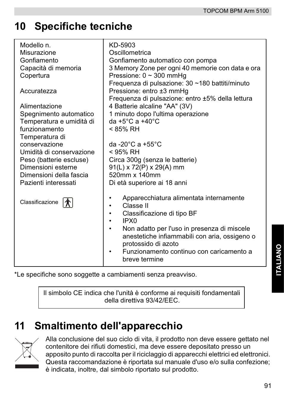 10 specifiche tecniche, 11 smaltimento dell'apparecchio | Topcom BPM ARM 5100 WHO User Manual | Page 91 / 160