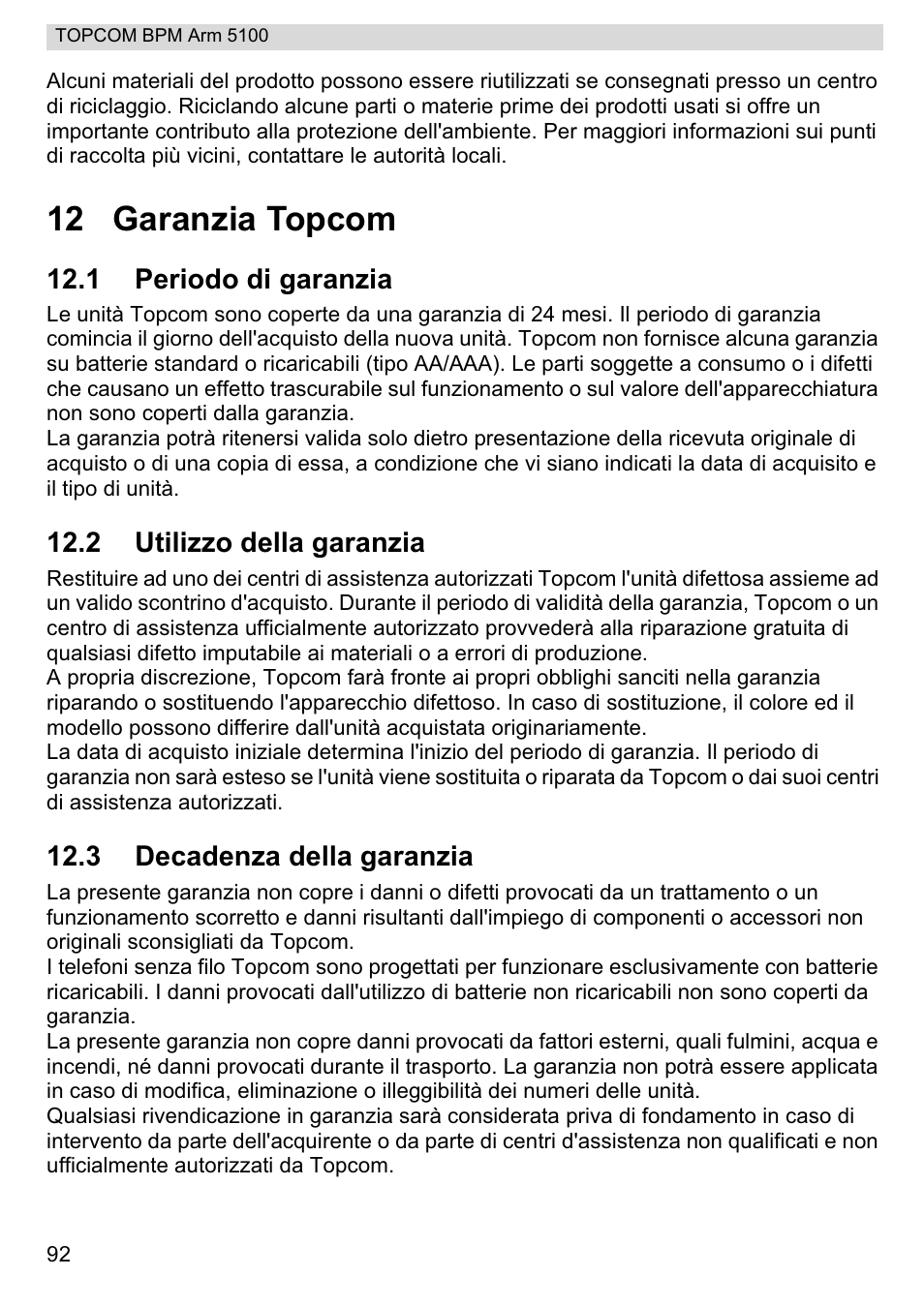 12 garanzia topcom | Topcom BPM ARM 5100 WHO User Manual | Page 92 / 160