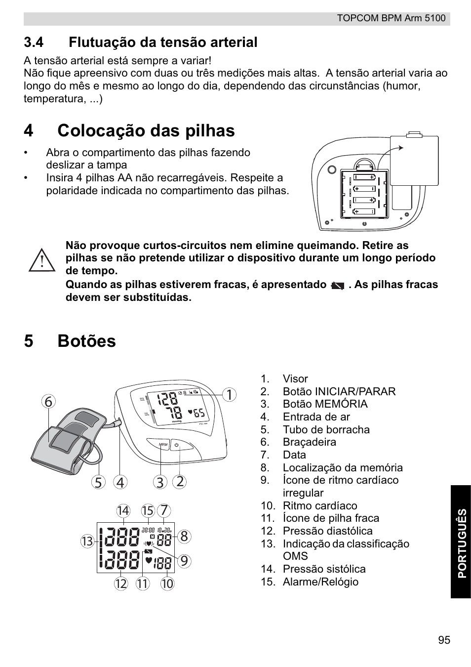 4colocação das pilhas, 5botões | Topcom BPM ARM 5100 WHO User Manual | Page 95 / 160