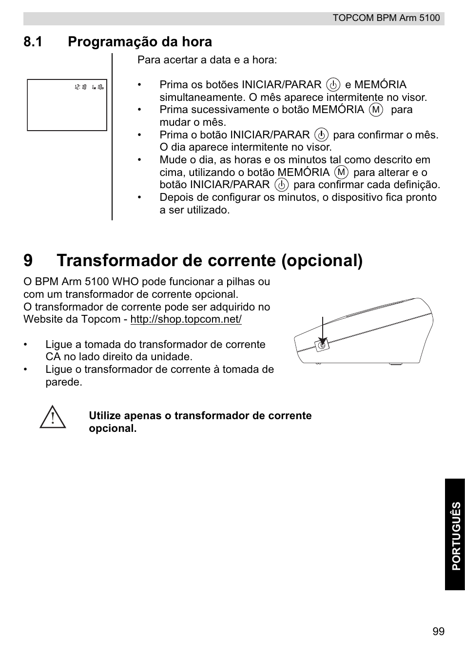 9transformador de corrente (opcional), 1 programação da hora | Topcom BPM ARM 5100 WHO User Manual | Page 99 / 160