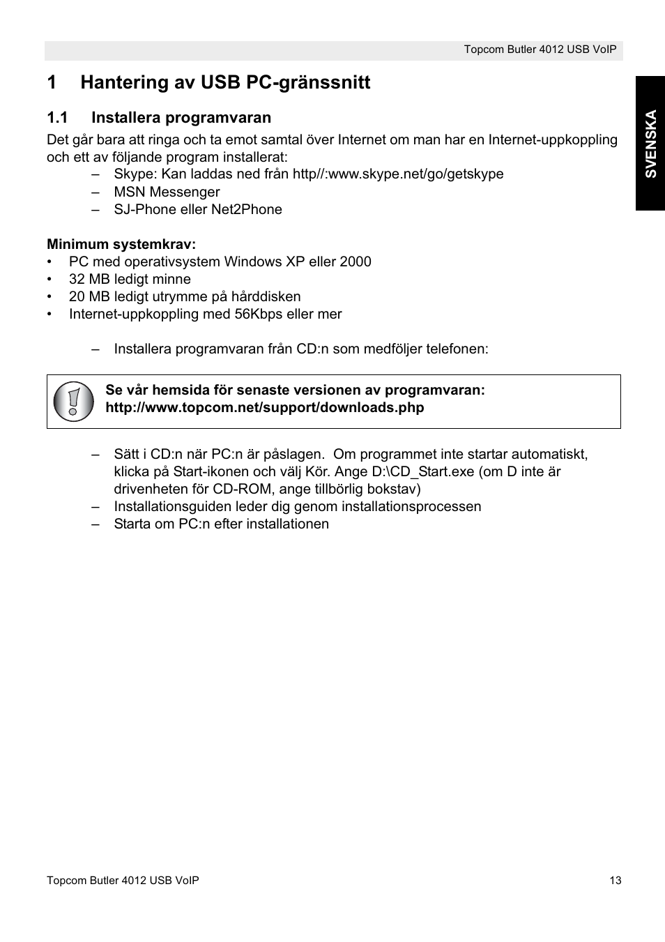 1hantering av usb pc-gränssnitt | Topcom Butler 4012 User Manual | Page 13 / 28