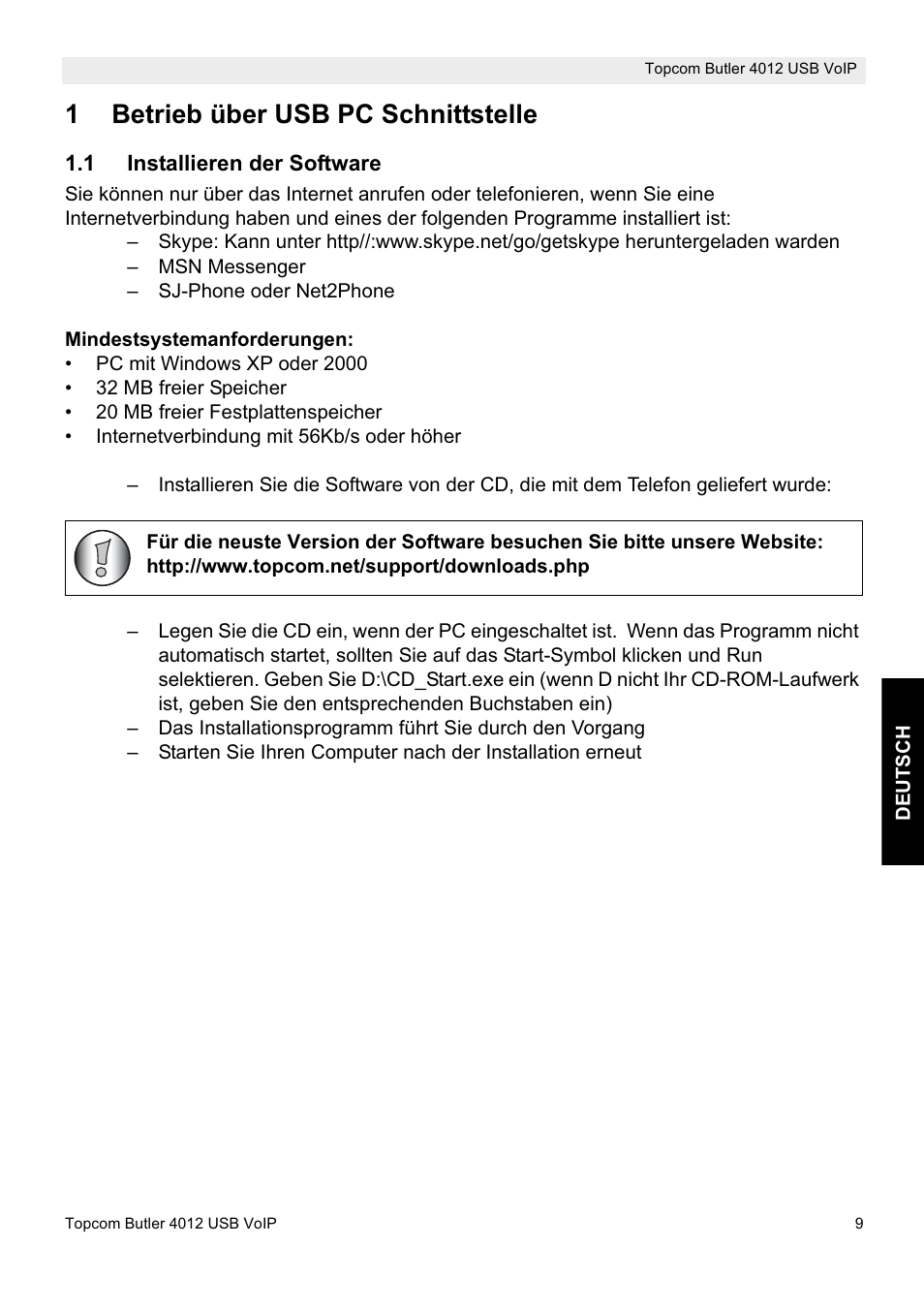 1betrieb über usb pc schnittstelle | Topcom Butler 4012 User Manual | Page 9 / 28