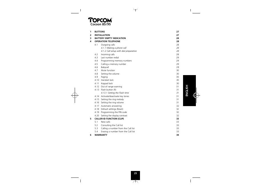 English, Cocoon 85/95 | Topcom COCOON 85 User Manual | Page 25 / 47