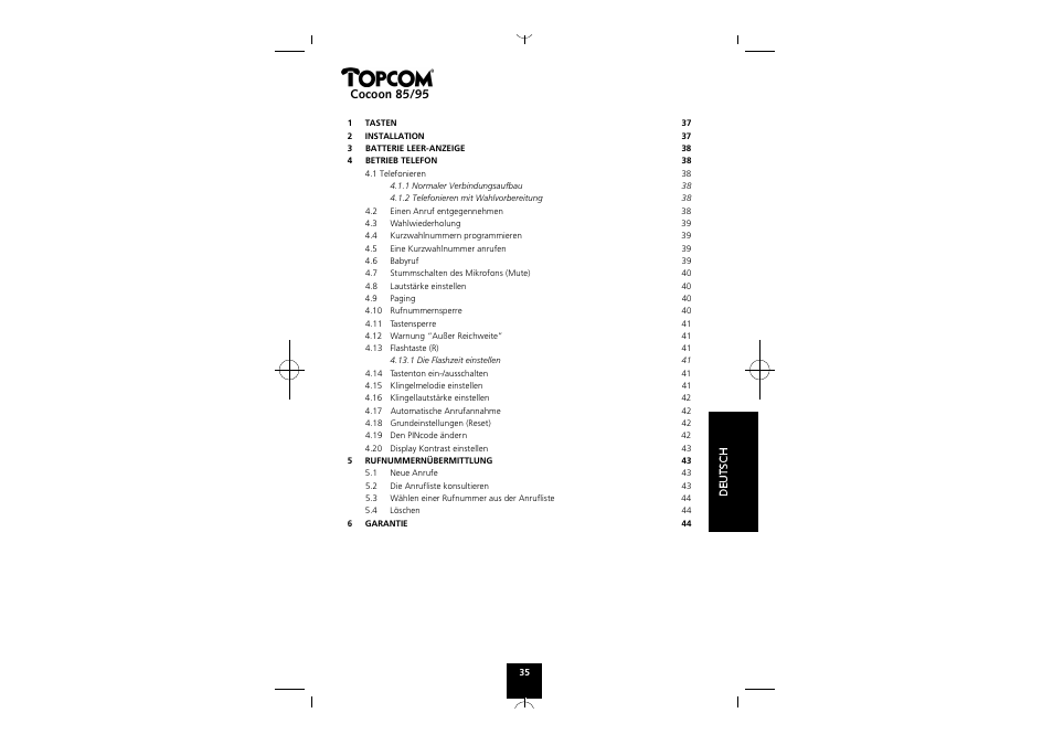 Deutsch, Cocoon 85/95 | Topcom COCOON 85 User Manual | Page 35 / 47