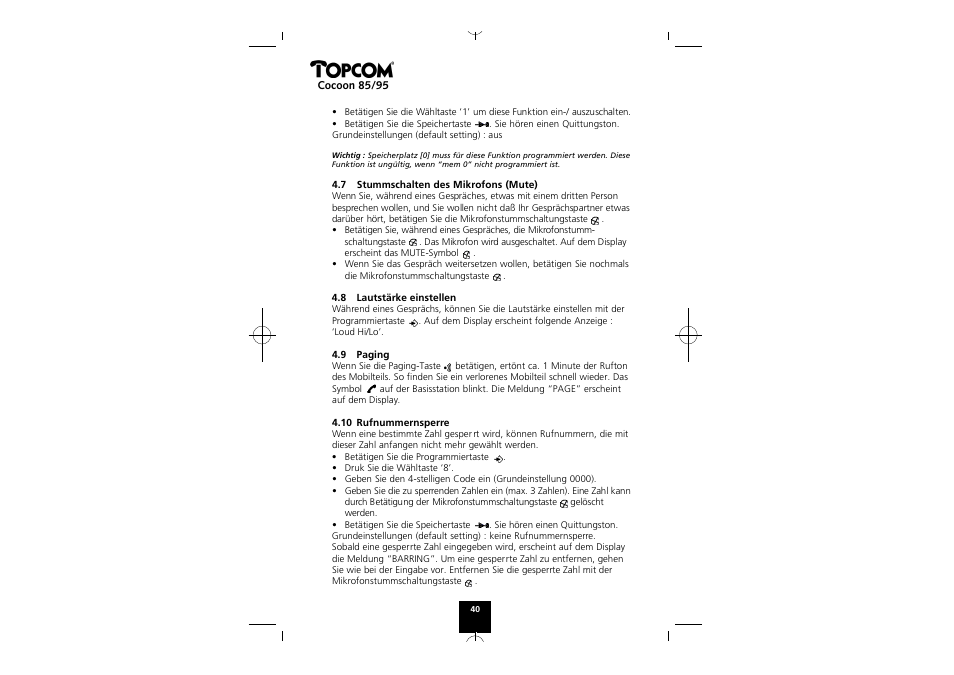 Topcom COCOON 85 User Manual | Page 40 / 47