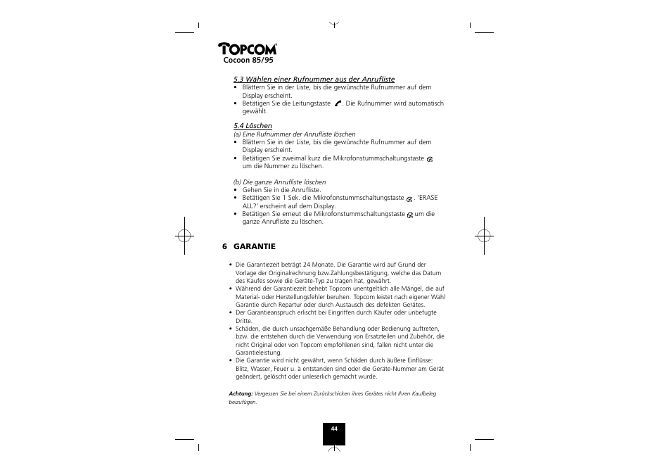 Topcom COCOON 85 User Manual | Page 44 / 47